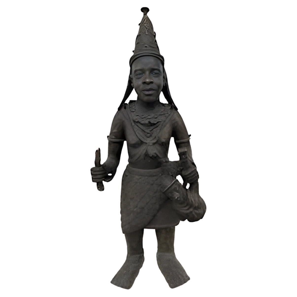 Large 35" Benin Bronze Sculpture Of An Oba Warrior For Sale
