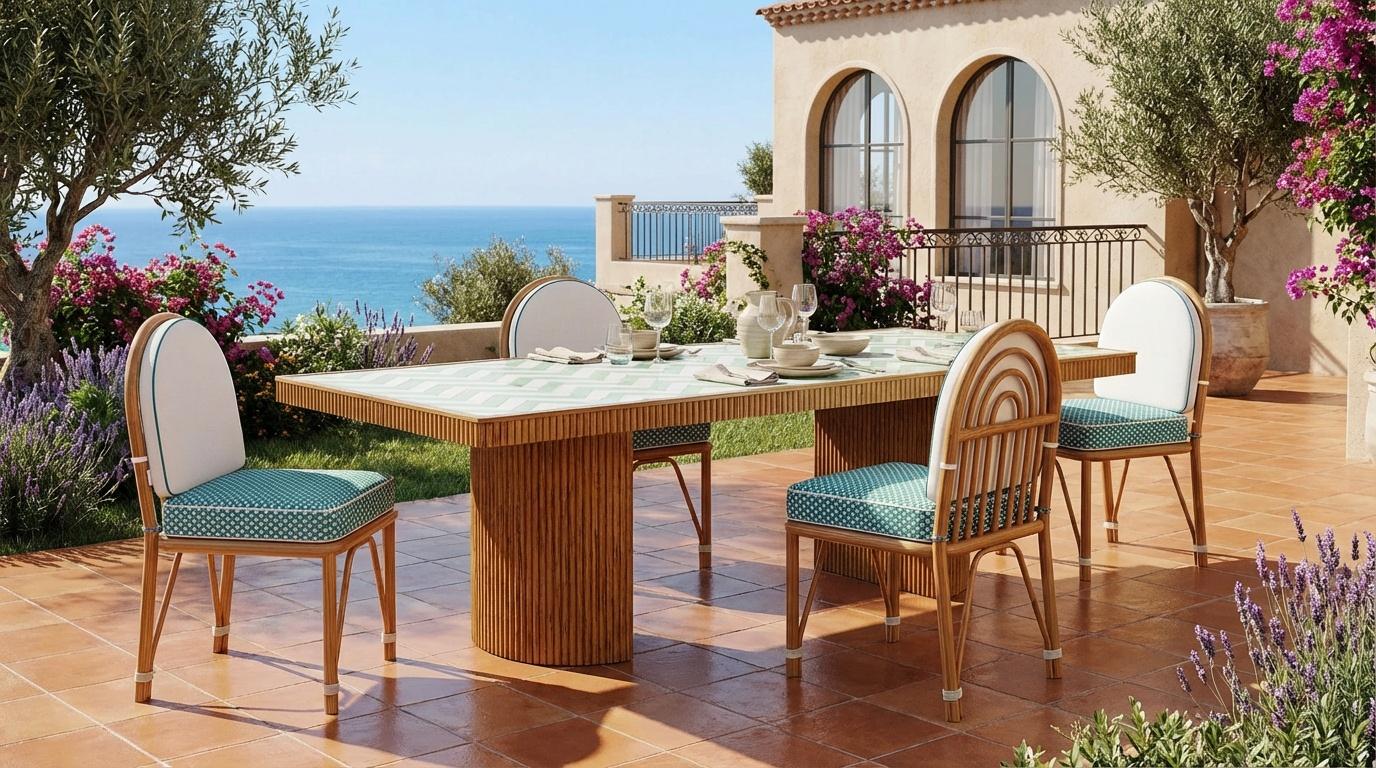 La table à manger Benirrás, créée en partenariat avec Mediterrazza, est un exemple de savoir-faire raffiné dans le domaine du mobilier de luxe pour l'extérieur. Fabriquée à la main en bois d'iroko durable, cette table est conçue pour résister à la