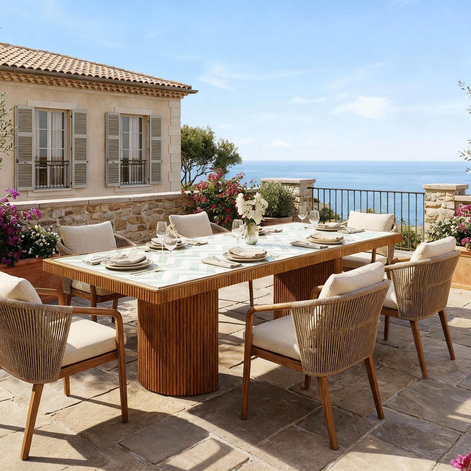 Table de salle à manger d'extérieur Benirrás - Table élégante avec plateau en céramique, base nervurée en Wood Neuf - En vente à Carvalhosa, PT