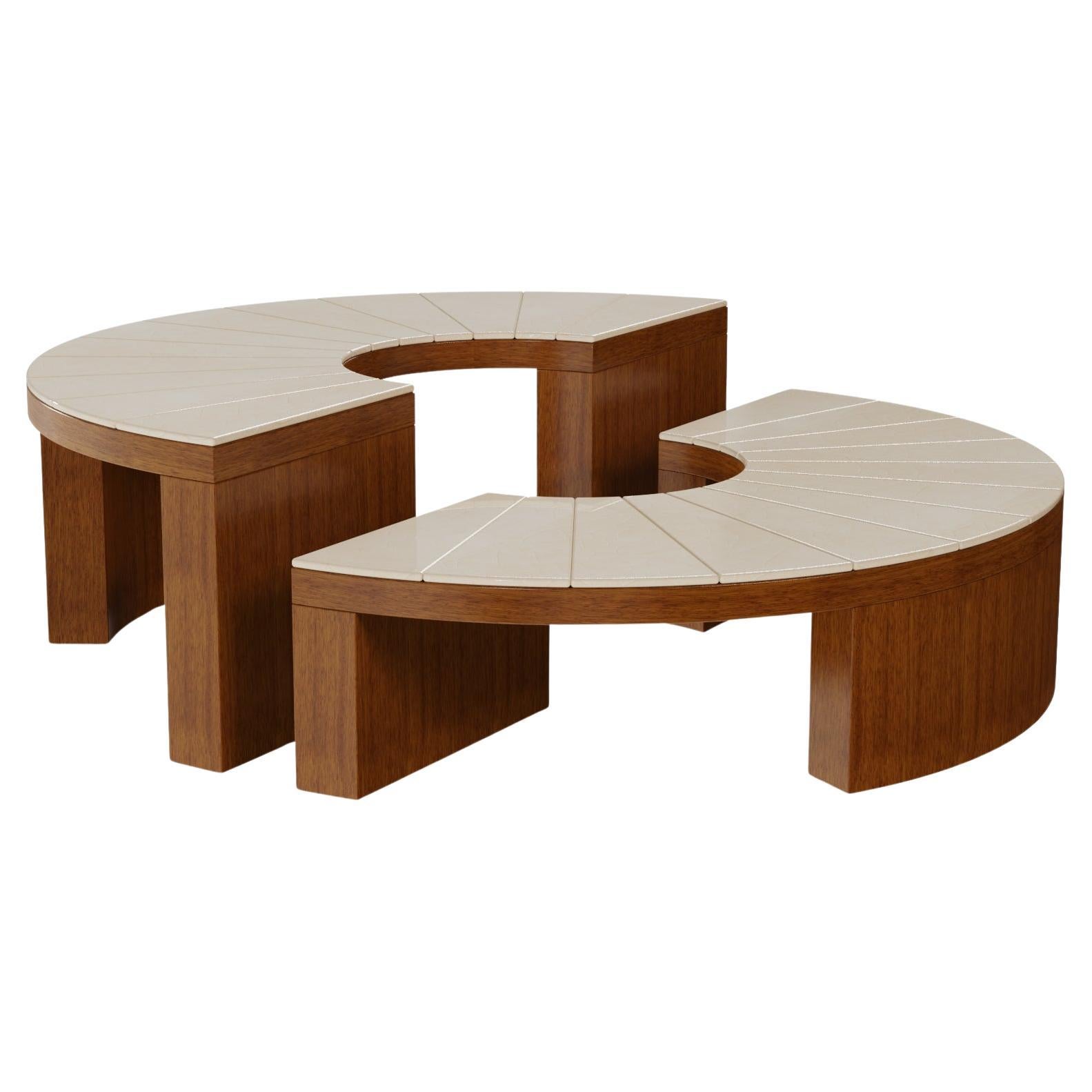 Benissa Outdoor Modular Coffee Table: Curved Ceramic Top 
Iroko Wood Base For Sale
