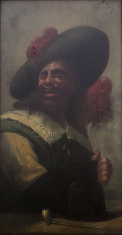 Antique Musketeer oil on canvas painting