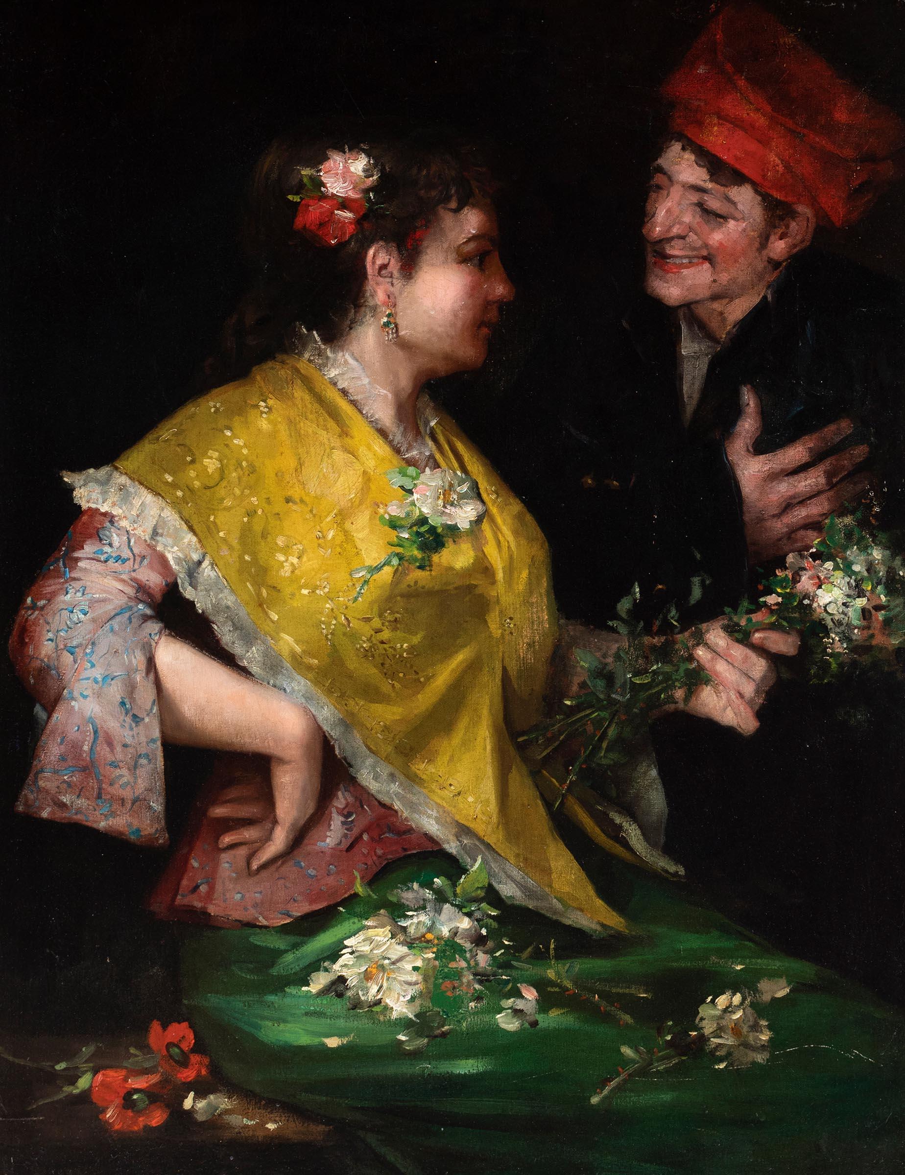 Benito Belli (Spanier, 1850-1899) unbetiteltes Gemälde eines spanischen Brautpaares in Öl auf Leinwand aus dem späten 19.

Abmessungen: 86 x 68 cm; 105 x 86 cm (mit Rahmen).
