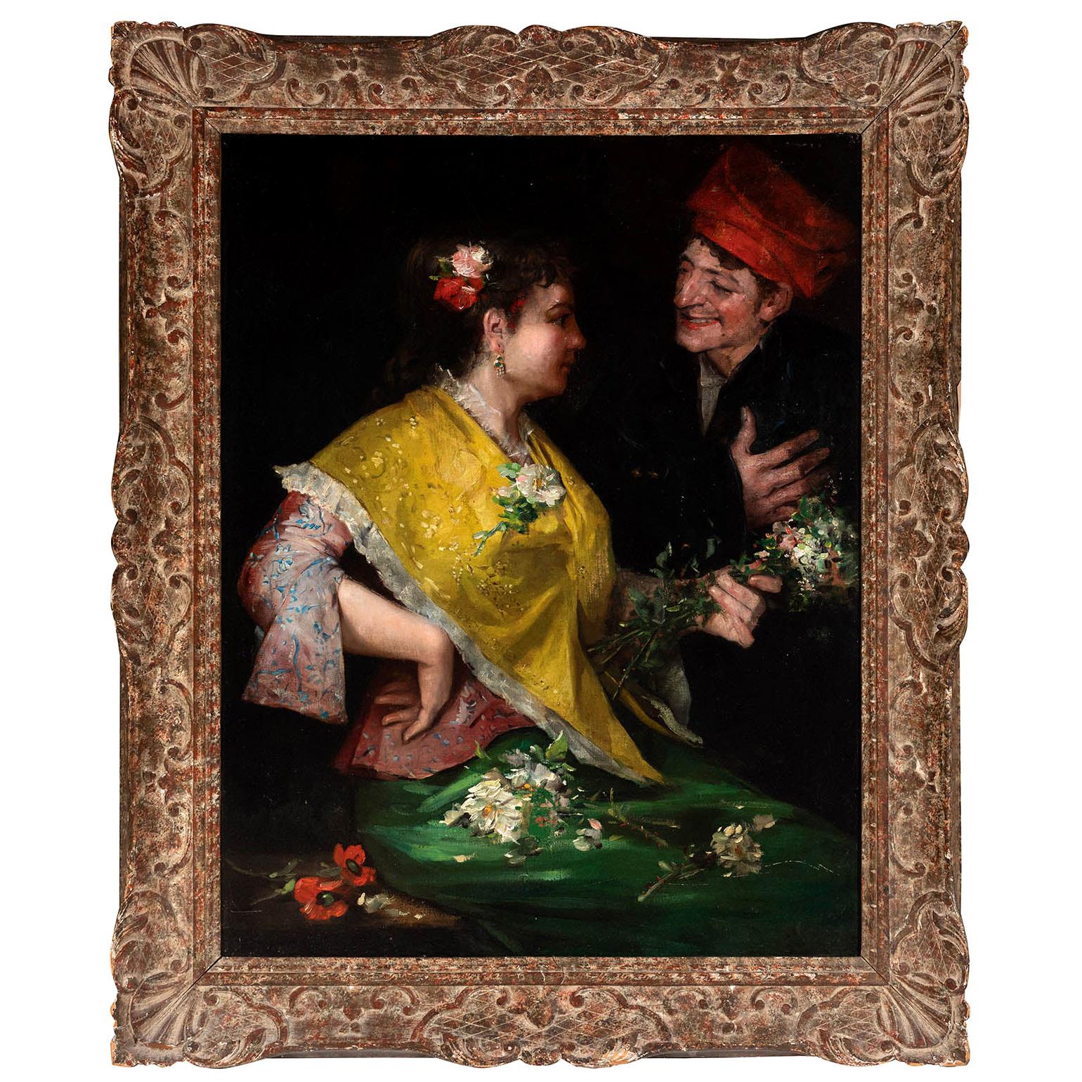 Benito Belli Peinture à l'huile sur toile de la fin du XIXe siècle représentant deux couples espagnols, sans titre
