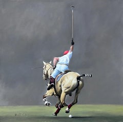Benito Cerna, "Field Goal", Pittura ad olio fotorealistica 24x24 di cavallo da polo