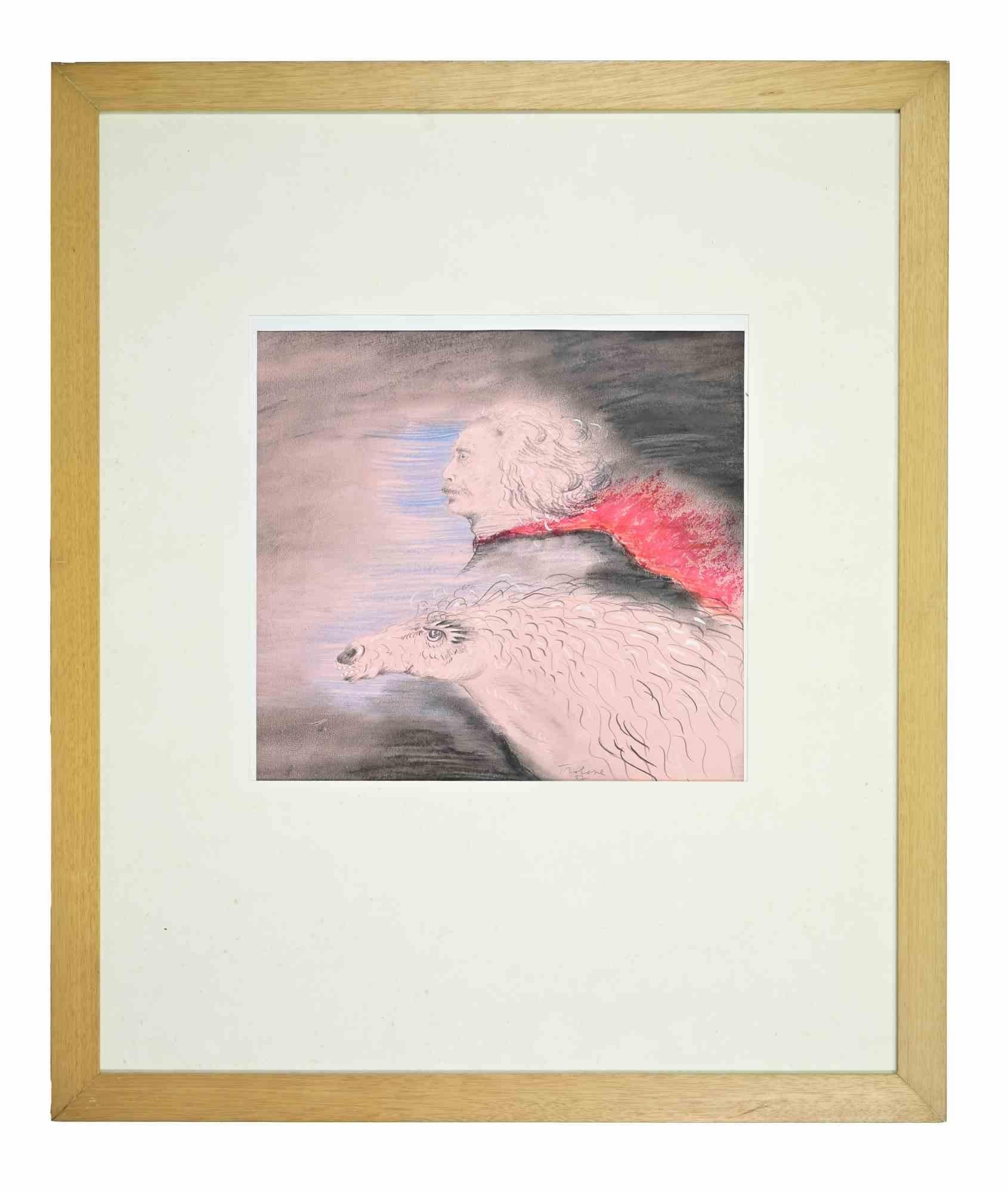 Self-Portrait con cavallo - Dipinto da Benito Troleses - 1987 in vendita 1
