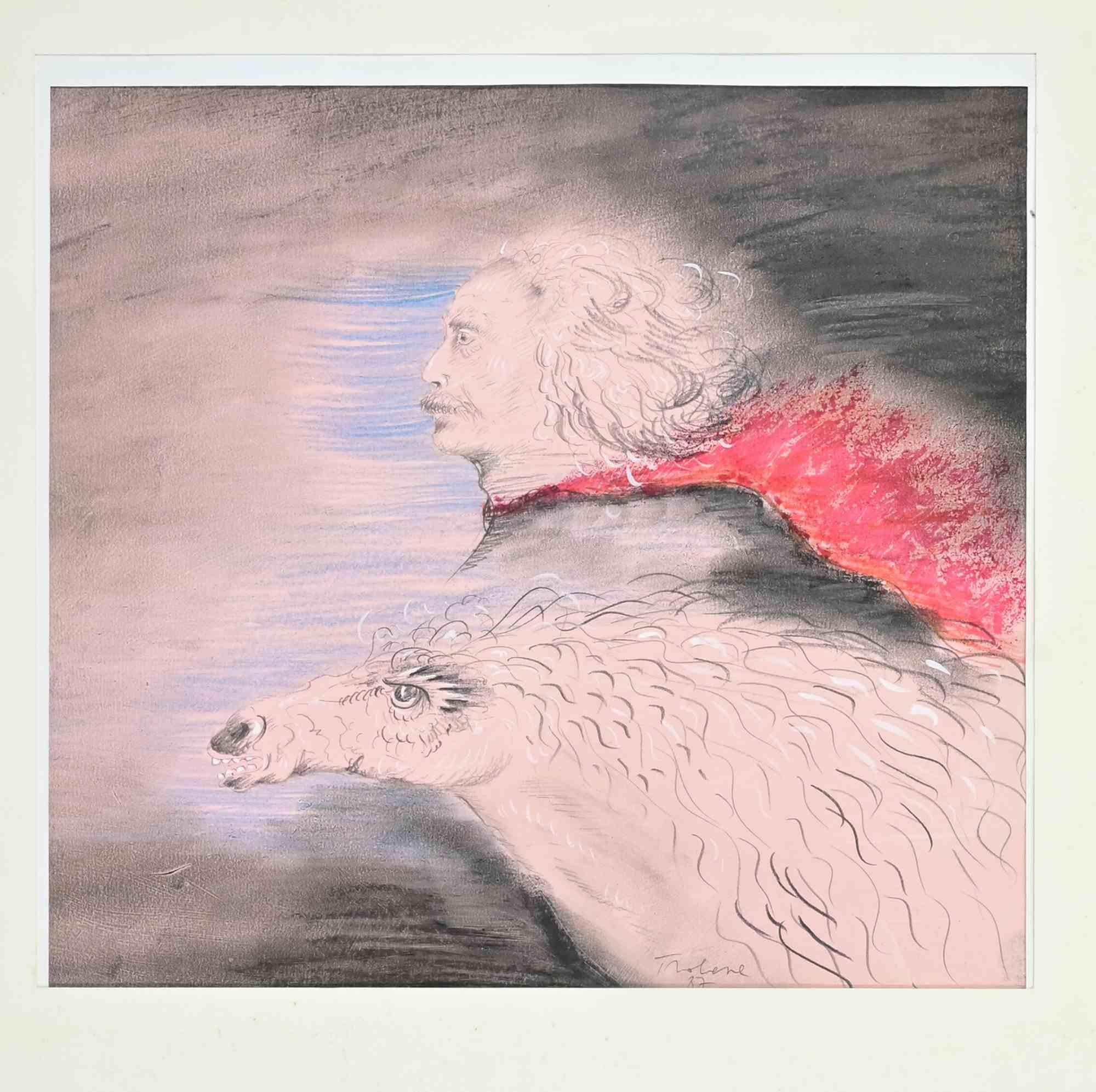 Self-Portrait con cavallo - Dipinto da Benito Troleses - 1987 in vendita 2