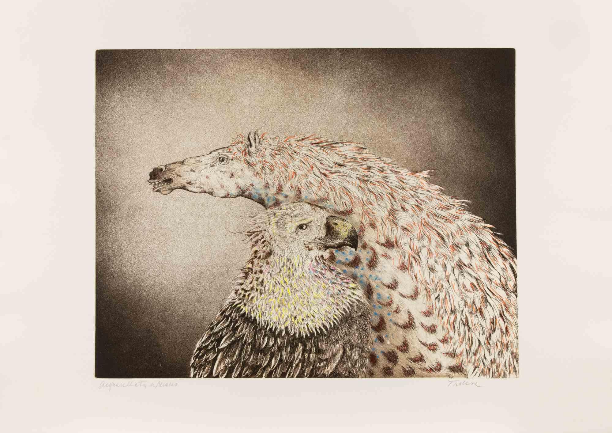 Aigle et cheval - Gravure de Benito Trolese - 1990