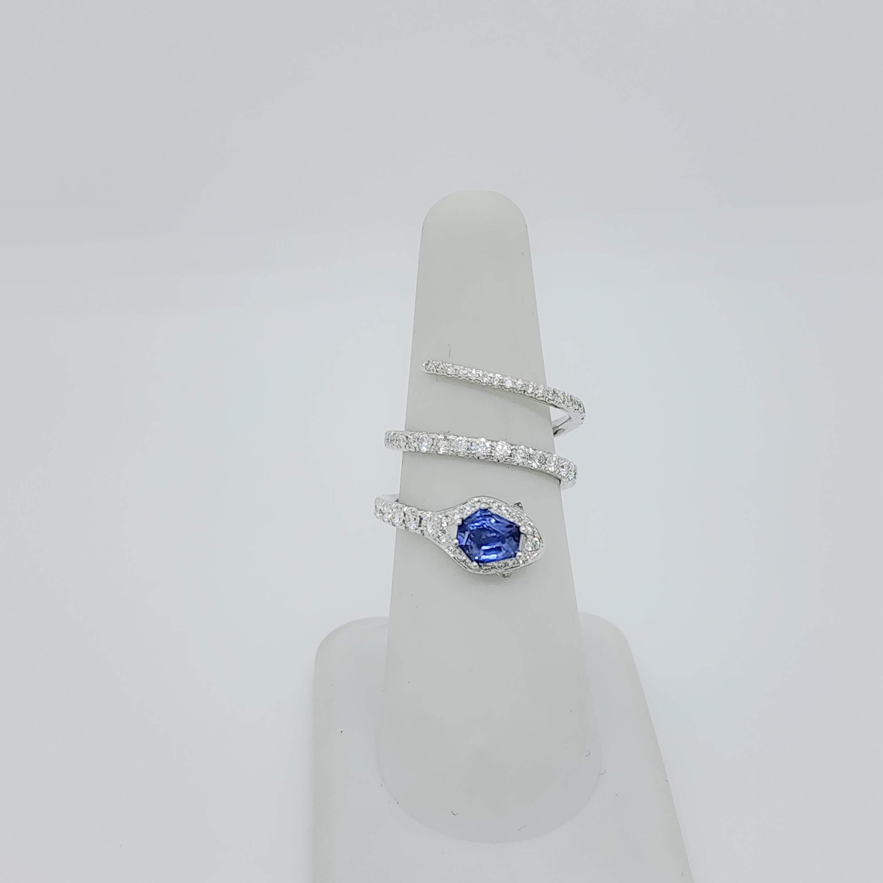 Uncut Benitoite and White Diamond Snake Ring in 18k For Sale