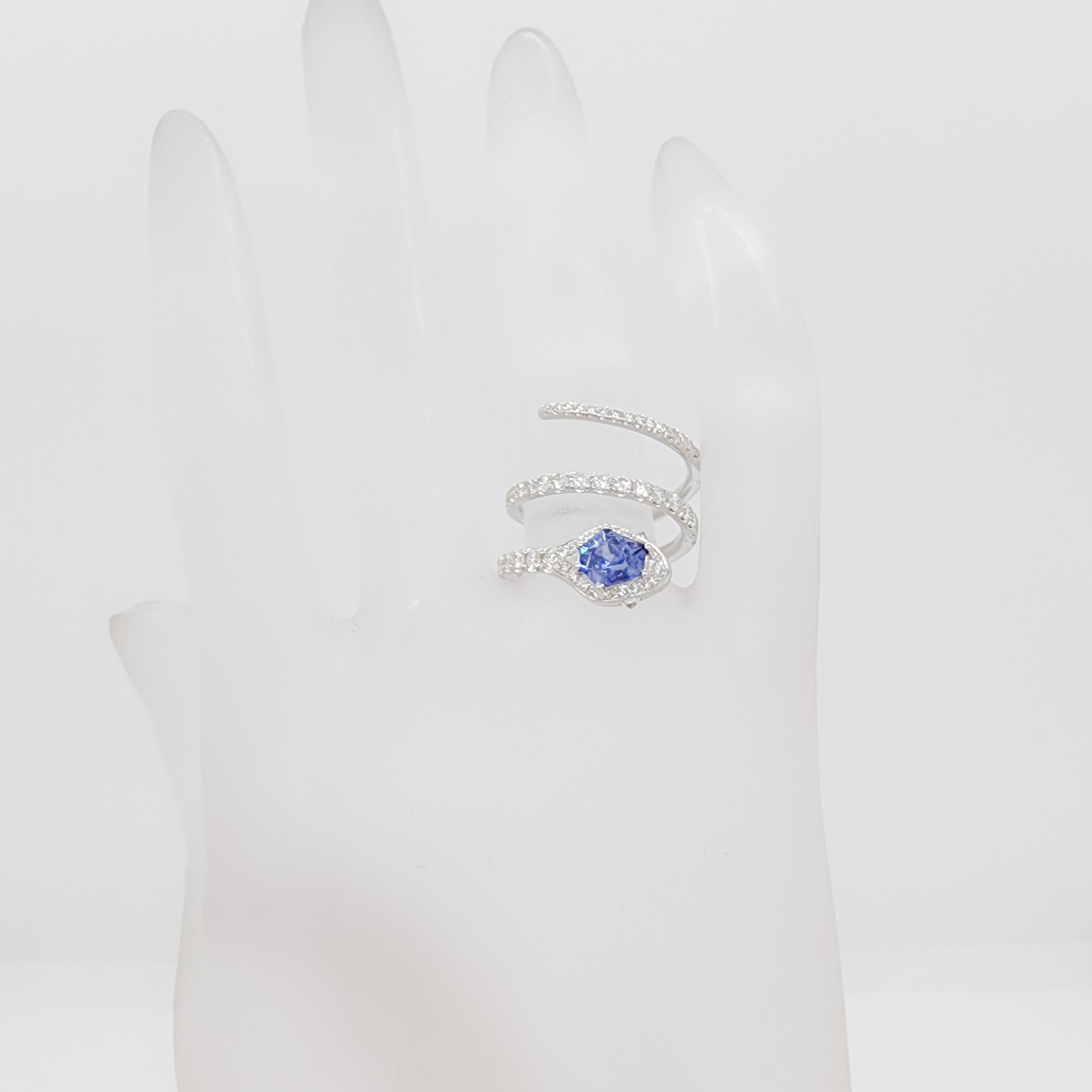 Women's or Men's Benitoite and White Diamond Snake Ring in 18k For Sale