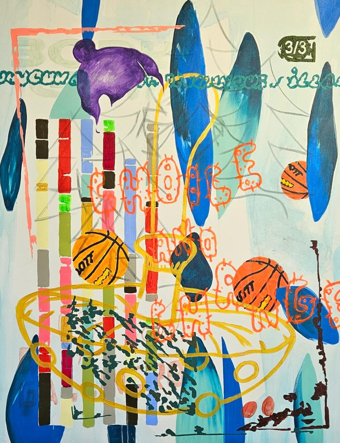 Benjamin Aitala Large Abstract Acrylic Painting Contemporary Art, 2024

his vibrant acrylic painting by Benjamin Aitala captures the artist’s distinctive visual language—where abstraction, symbolism, and spontaneous mark-making converge. Set against