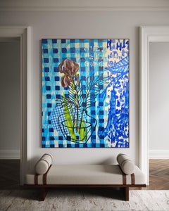 Benjamin Aitala Large Blue Floral Abstract Painting Checkered Vase Botanical Art