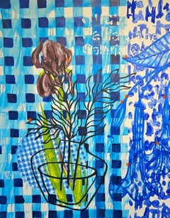 Benjamin Aitala Large Blue Floral Abstract Painting Checkered Vase Botanical Art