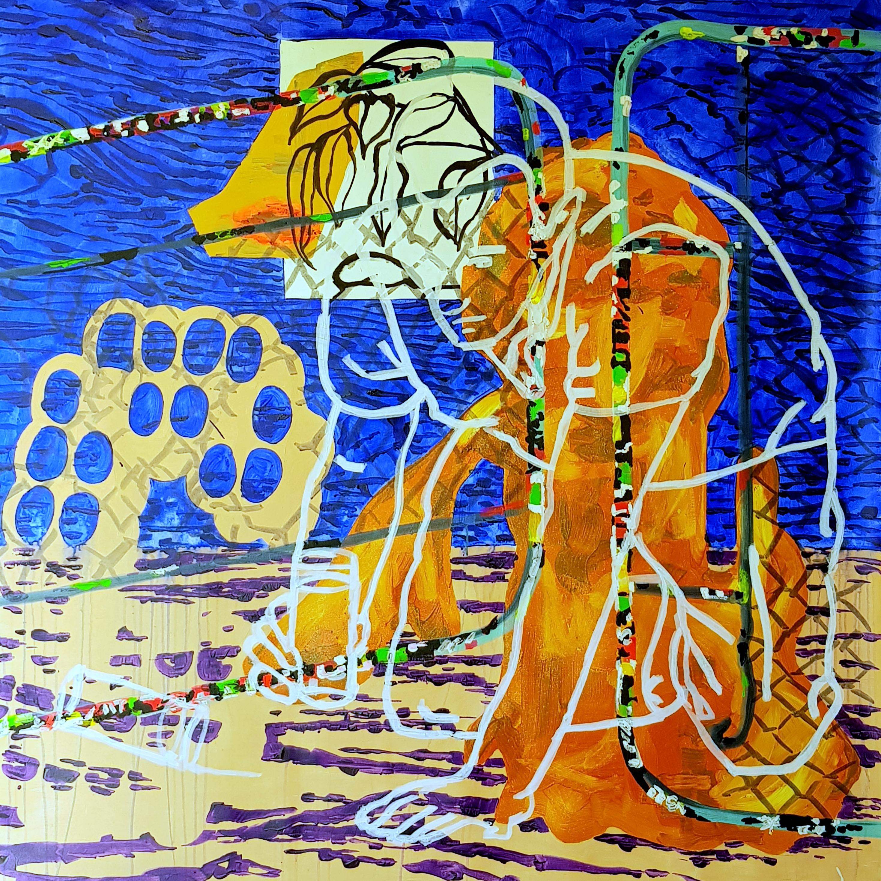 Benjamin Aitala, Abstract Contemporary Figurative Painting Color on Canvas, 2022
Acrylic on Canvas

This vibrant painting by Benjamin Aitala presents a dynamic figurative composition layered with expressive color, line, and symbolic forms. Set