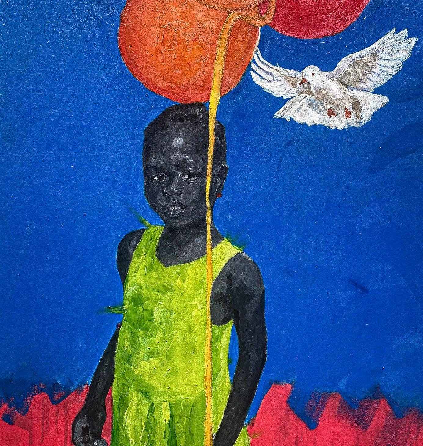 Entdecken Sie 1 - 21. Jahrhundert, Contemporary, Figurativ, Kinder, Afrika, Luftballons (Blau), Figurative Painting, von Benjamin Akinsoji