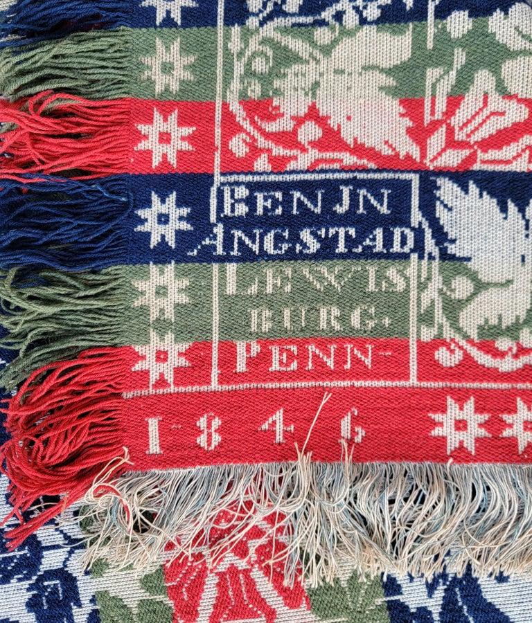 Signed BenJn Angstad, Lewisburg Penn 1846. Woven jacquard coverlet in mint condition with amazing full fringe. This coverlet is the best condition Lewisburg coverlet ever seen.