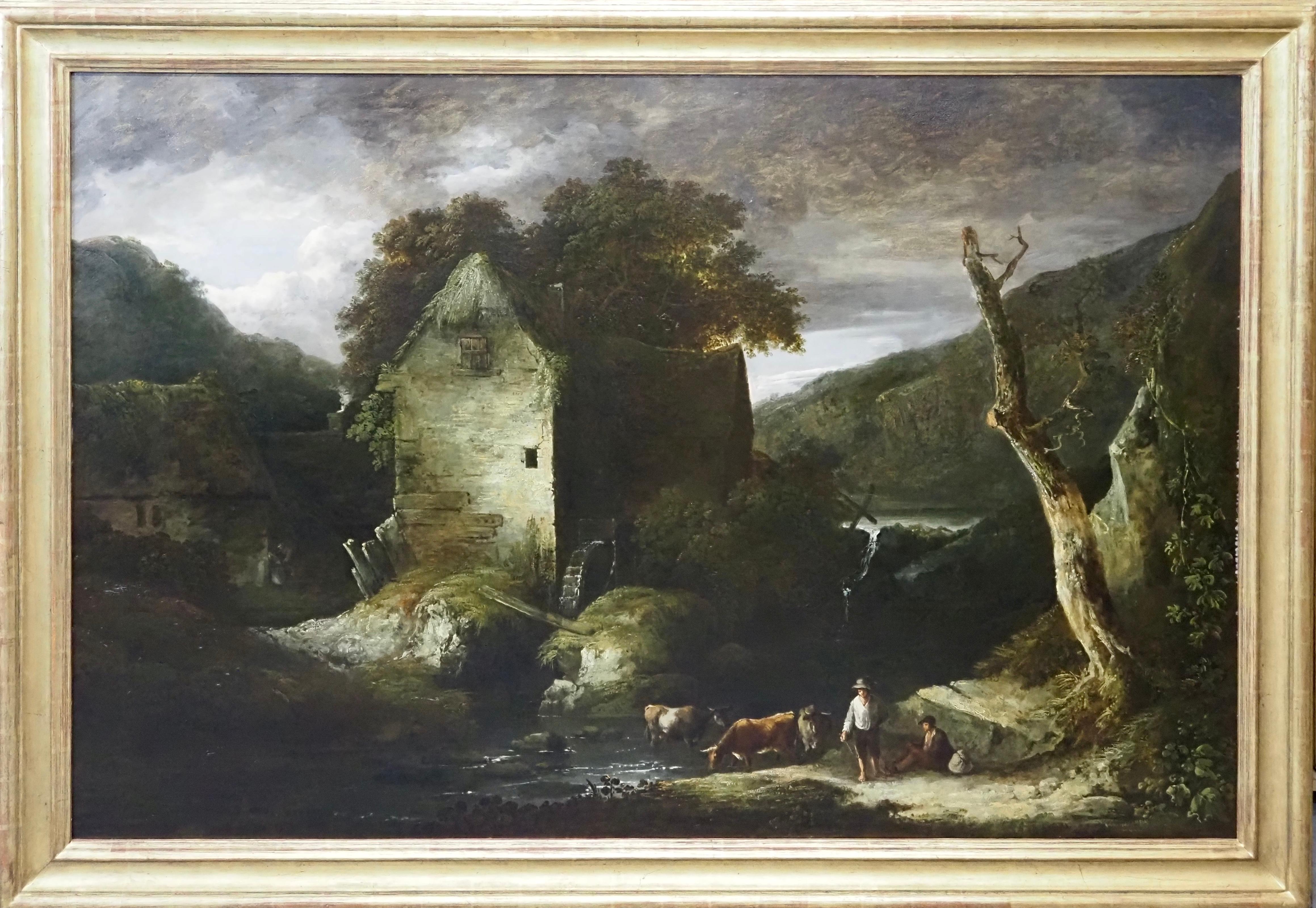 Un grand paysage fluvial boisé avec des braguettes - Painting de Benjamin Barker of Bath