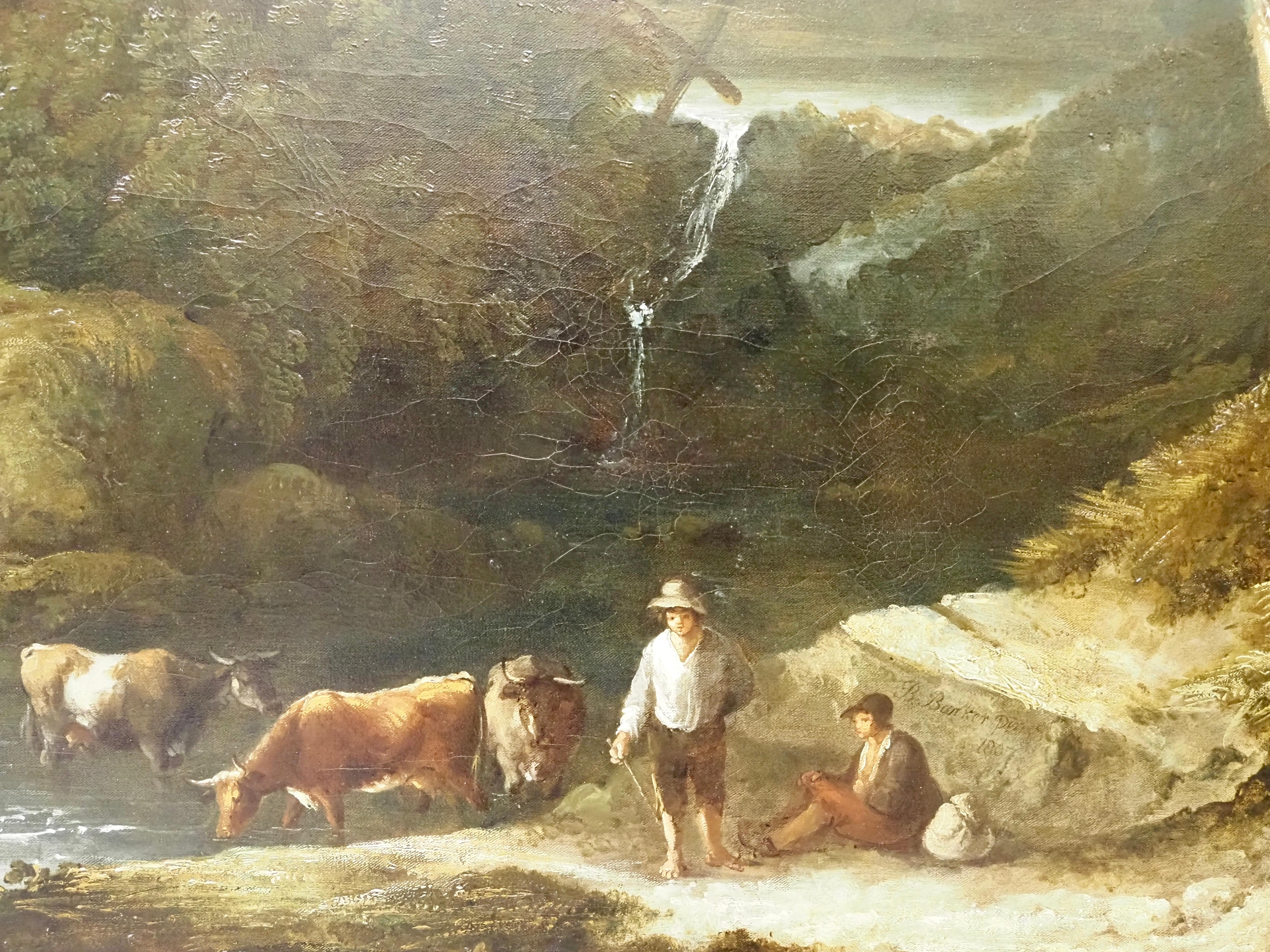 Benjamin Barker aus Bath (Pontypool 1776-1838)
Eine bewaldete Flusslandschaft mit Viehtreibern
Signiert und datiert 'B.Barker pinxt/ 1807' unten rechts
Öl auf Leinwand
46 x 68 3/4 Zoll (116,8 x 174,5 cm)

Provenienz
Sir John Gladstone, 1. Bt.