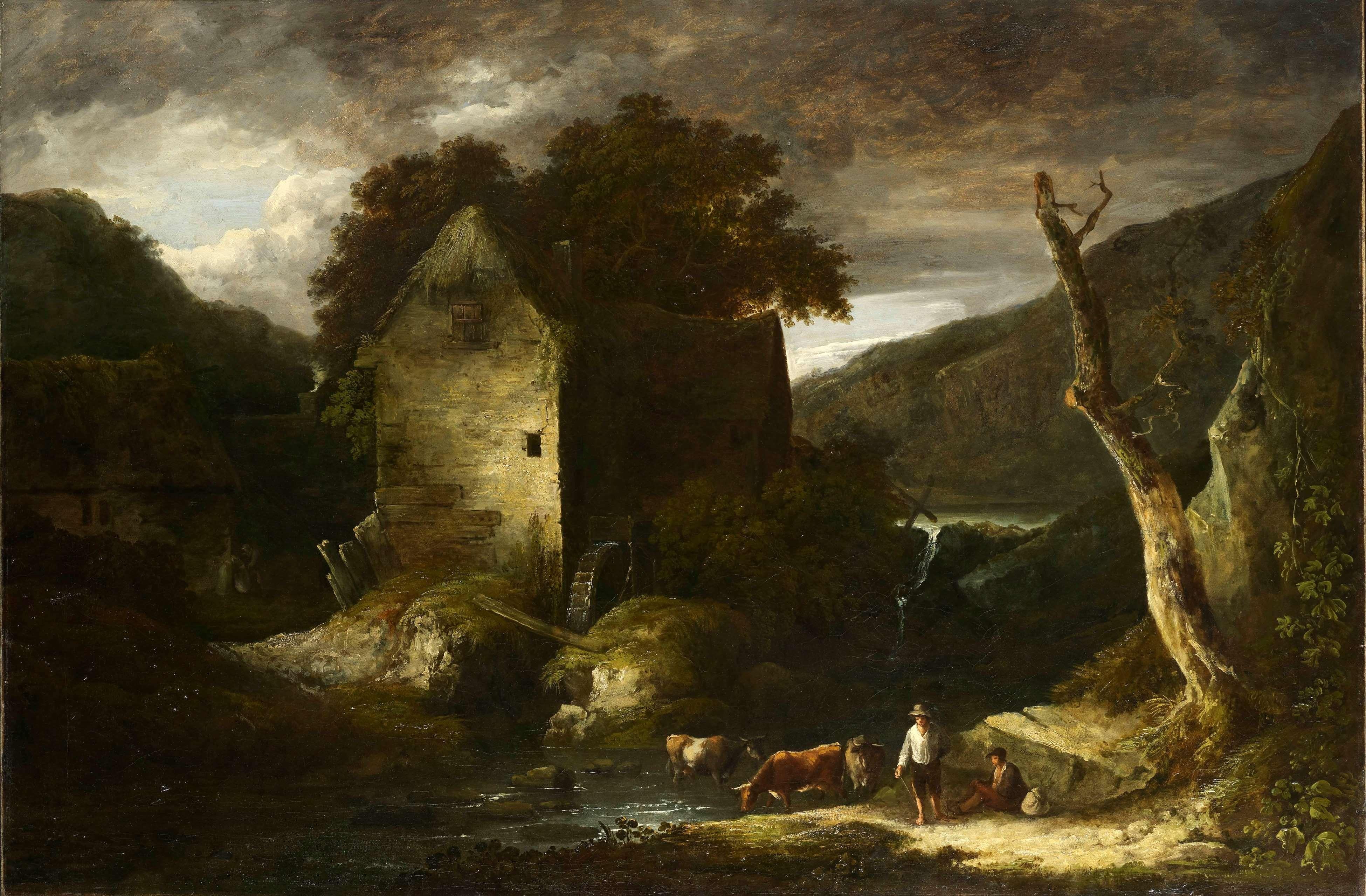 Benjamin Barker of Bath Landscape Painting - A large wooded river landscape with drovers