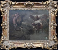 Drover with Cattle - British Old Master art 19thC landscape oil painting animals