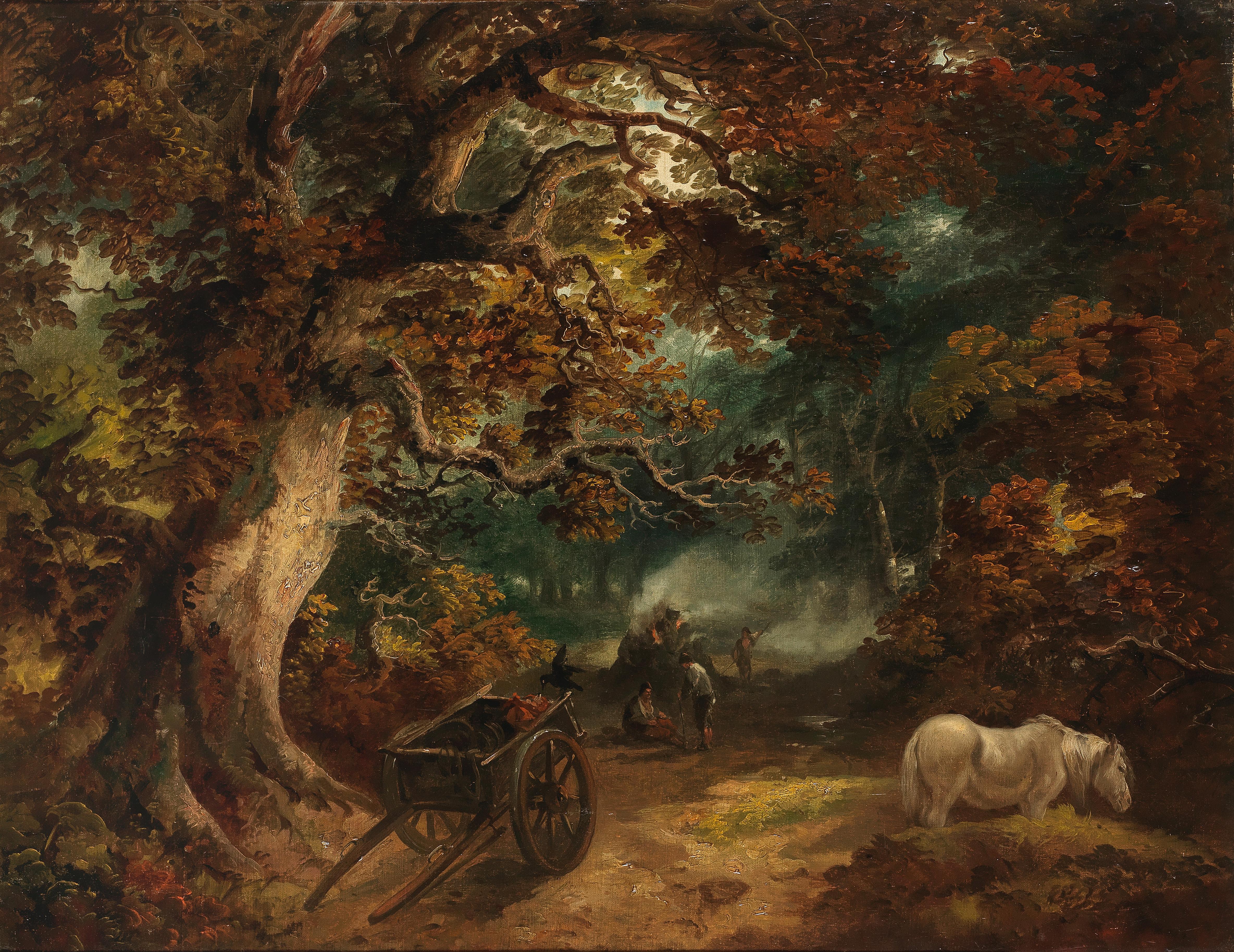 Figuren, die auf einem Feuer mit einem Wagen in einer hölzernen Landschaft ruhen – Painting von Benjamin Barker of Bath