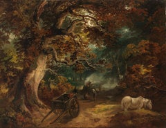 Figures resting by a fire with a wagon in a wooded landscape