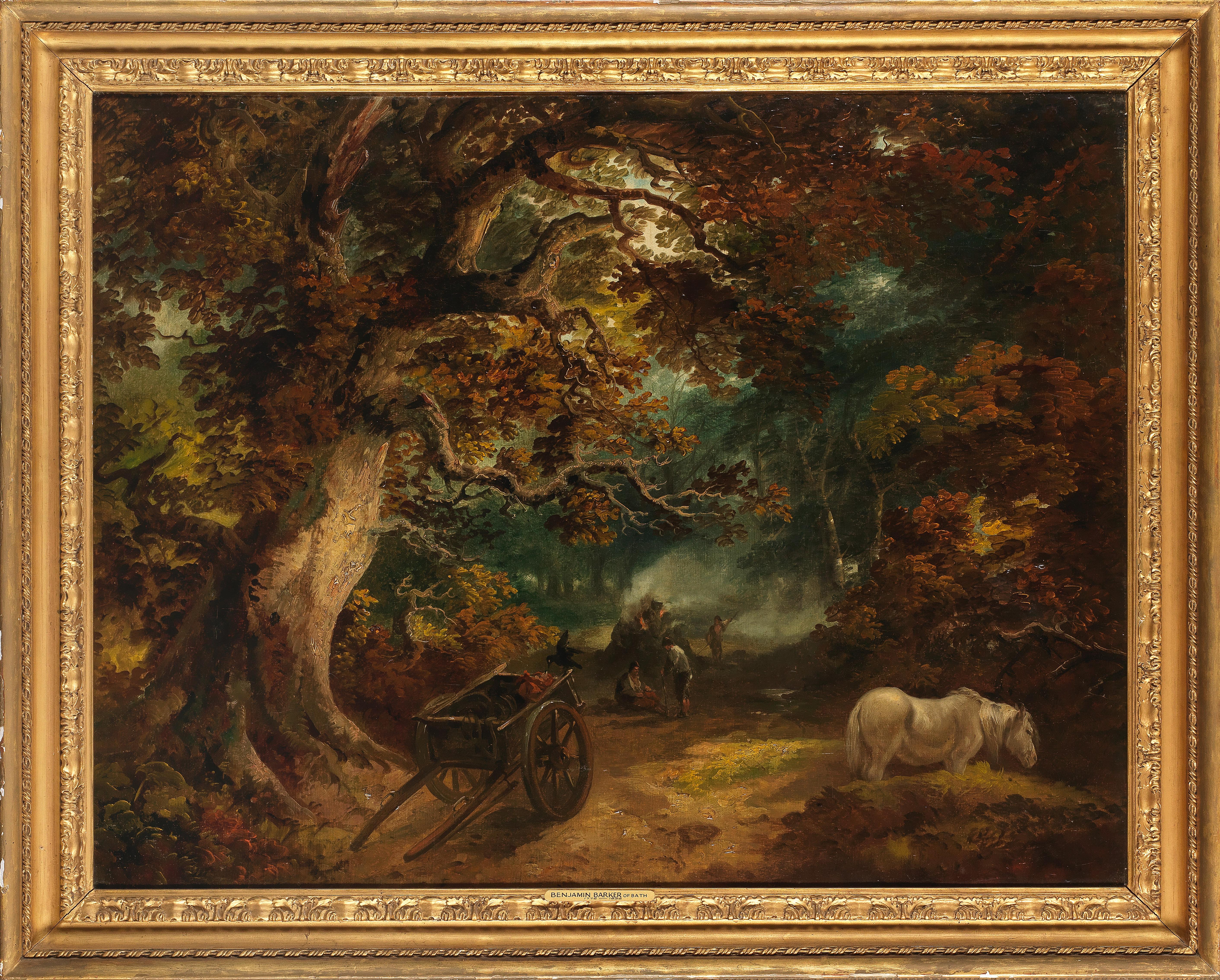 Landscape Painting Benjamin Barker of Bath - Figures se reposant par un feu avec un wagon dans un paysage boisé