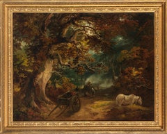 Vintage Figures resting by a fire with a wagon in a wooded landscape