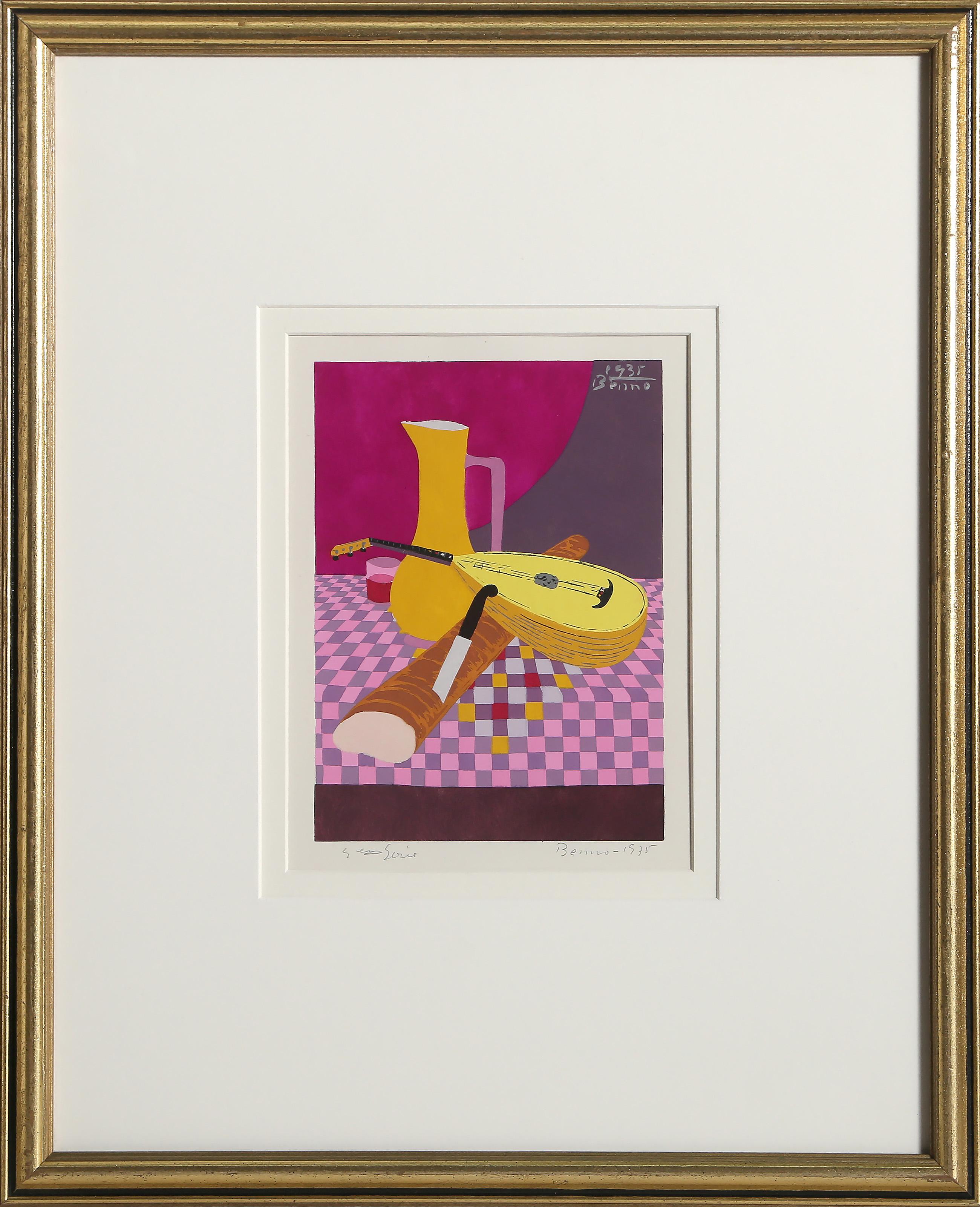 Still Life with Lute and Bread, Cubist Pochoir by Benjamin Benno