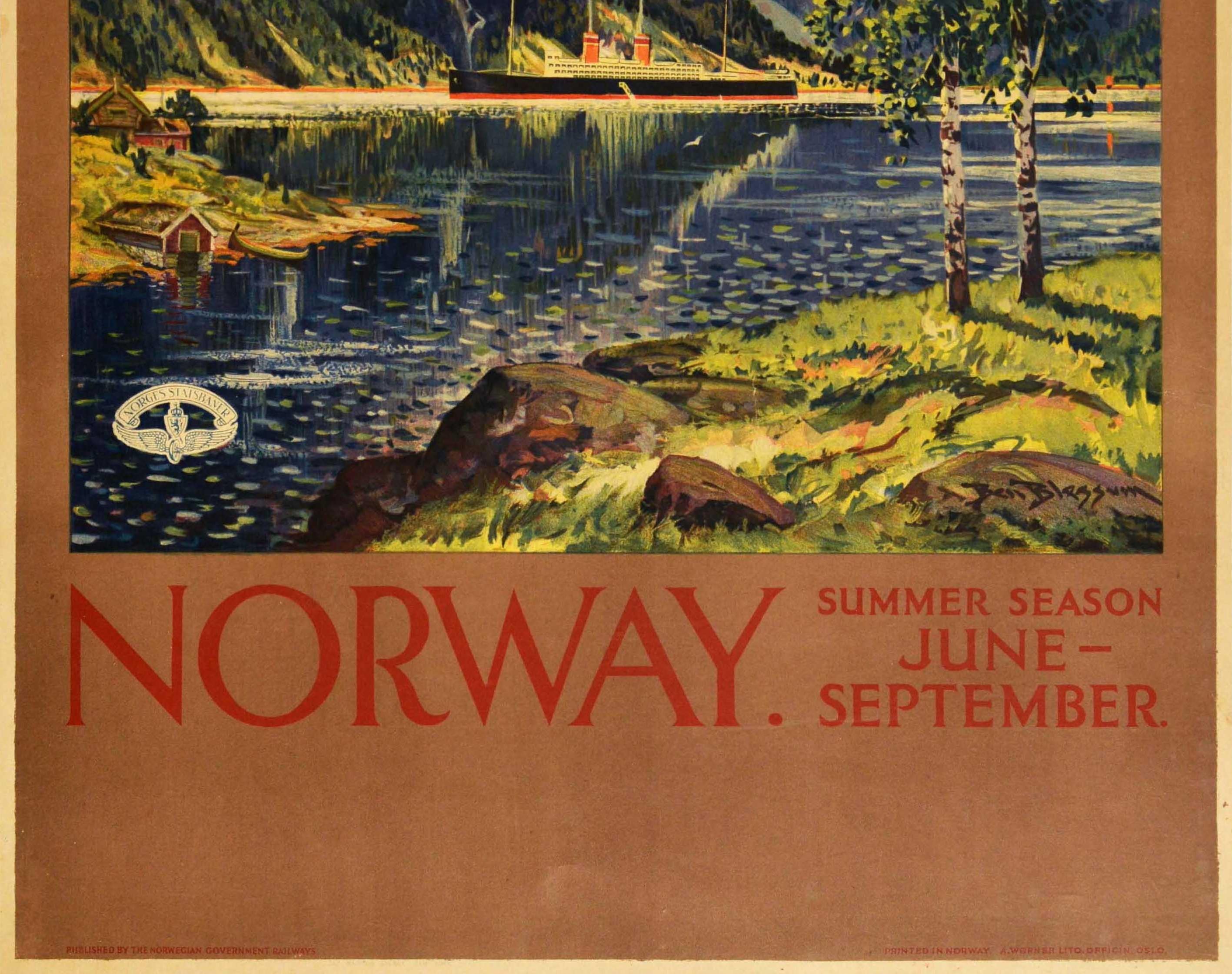 Affiche rétro originale des chemins de fer, Voyage en Norvège en été, Vue d'un Fjord - Marron Print par Benjamin Blessum
