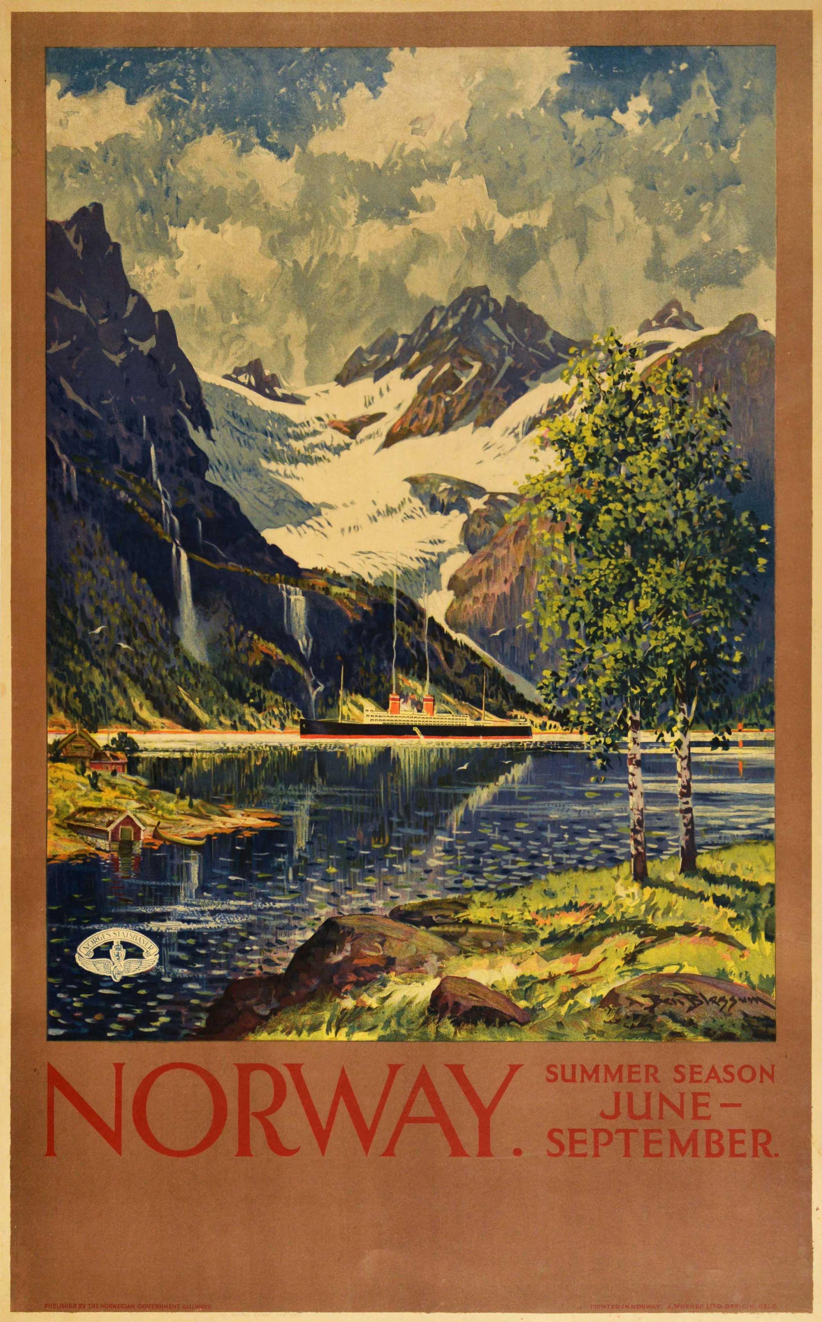 Print di Benjamin Blessum - Poster originale d'epoca della ferrovia norvegese Norvegia Stagione estiva Viaggio vista fiordo