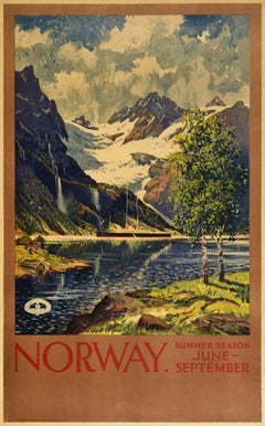Original Vintage Norwegian Railway Poster Norway Summer Season Travel Fjord View