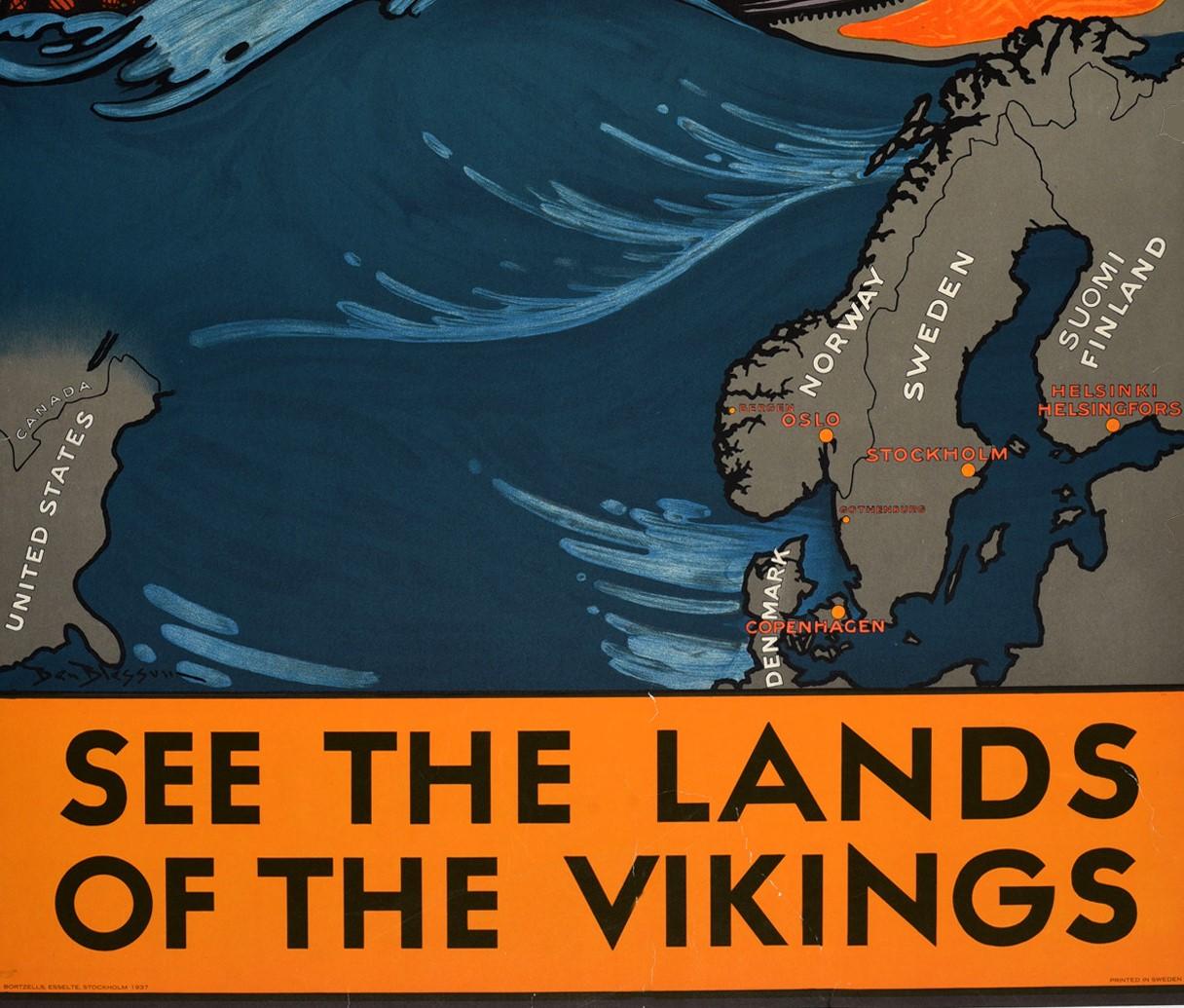 Póster de viaje original de época See The Lands Of The Vikings Mapa de navegación atlántica - Print Negro de Benjamin Blessum