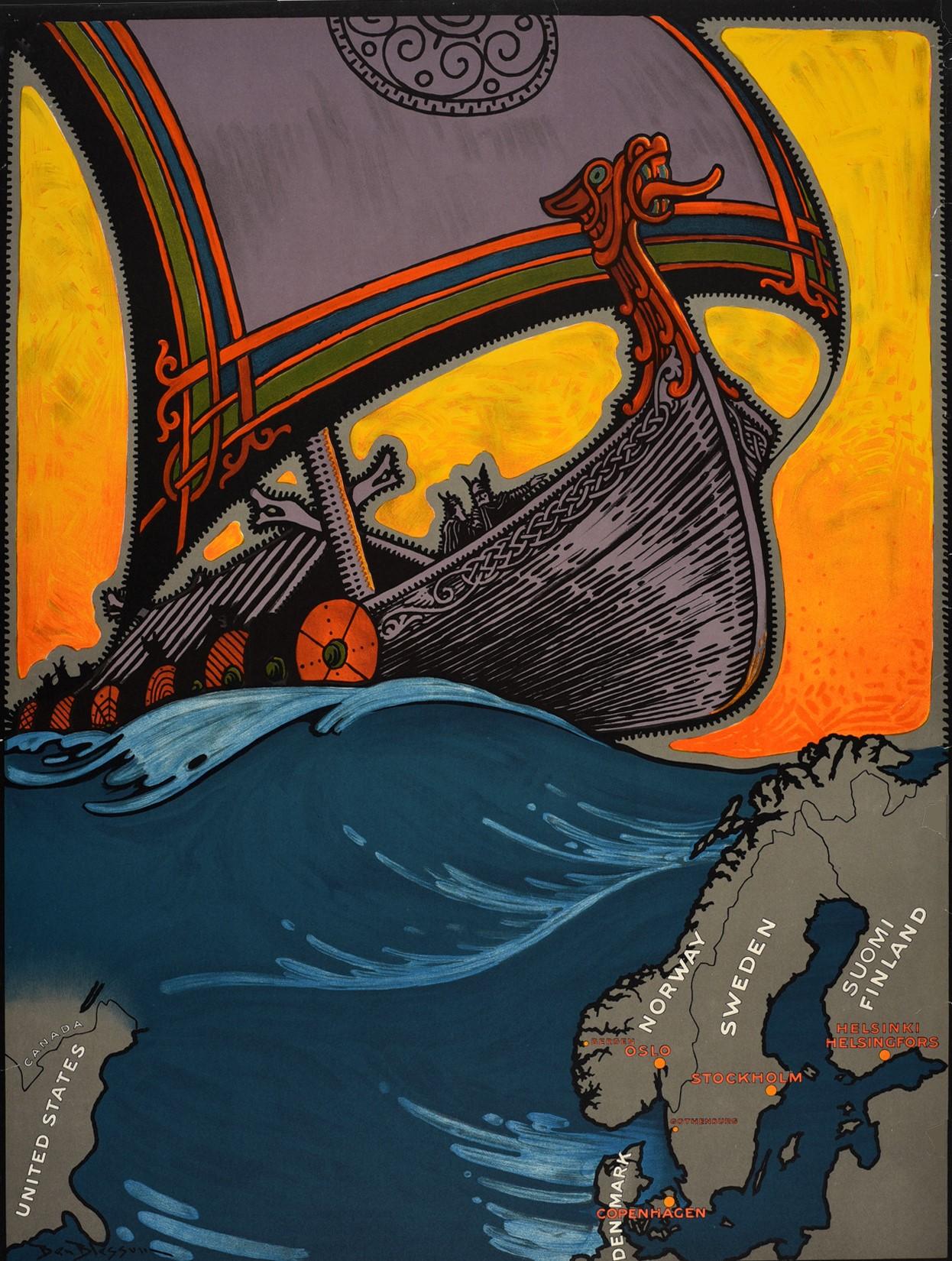 Cartel de viaje original de época sobre los países nórdicos marcados en un mapa -Cristiania (Oslo) Noruega, Estocolmo Suecia, Helsinki Finlandia y Copenhague Dinamarca- bajo una colorida imagen de un buque de guerra vikingo a toda vela decorado con