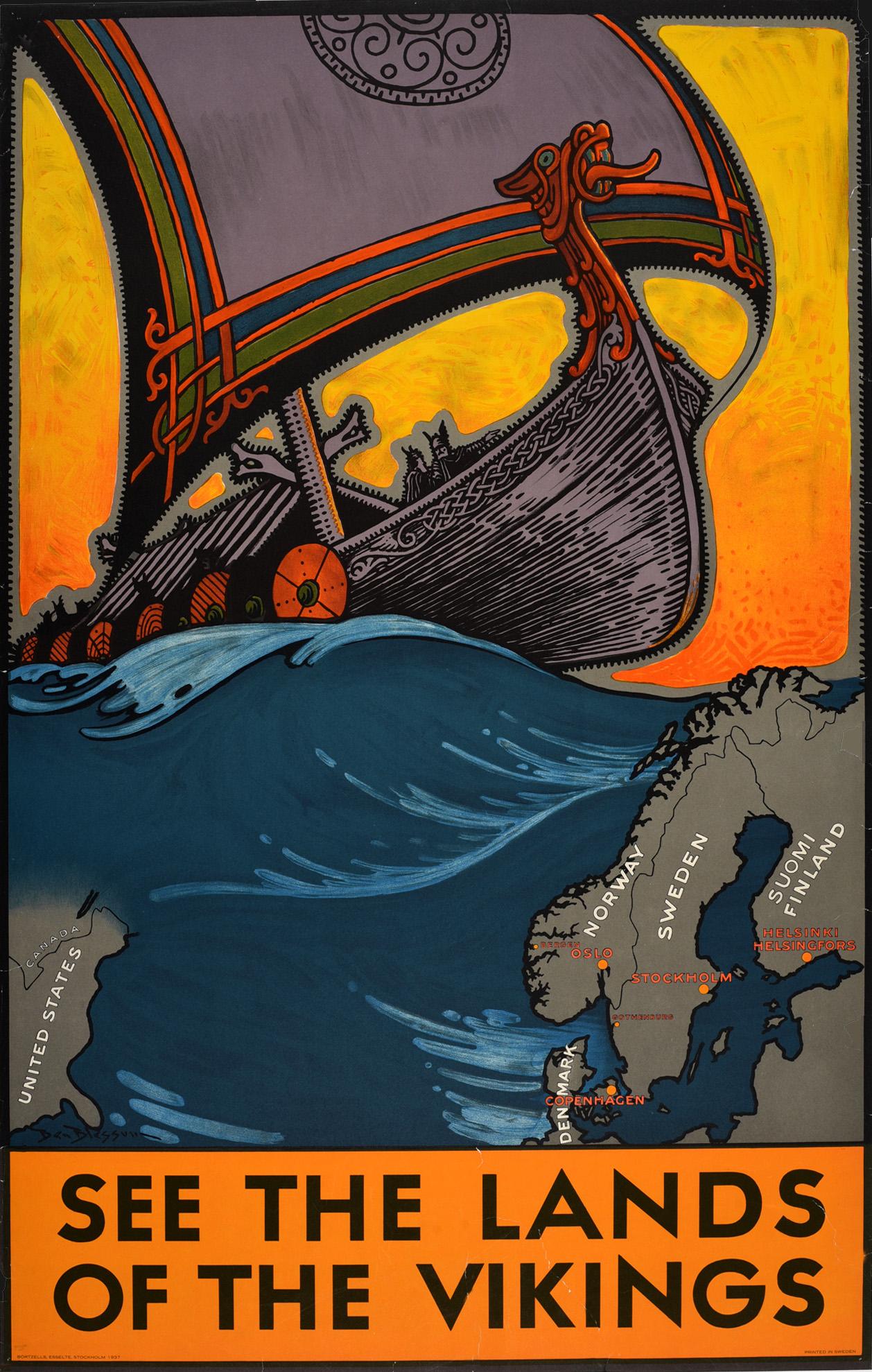 Benjamin Blessum Print - Original Vintage Travel Poster See The Lands Of The Vikings Atlantic Sailing Map