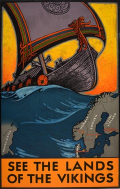 Affiche de voyage vintage originale, Voir les terres des Vikings, Carte de voile de l'Atlantique