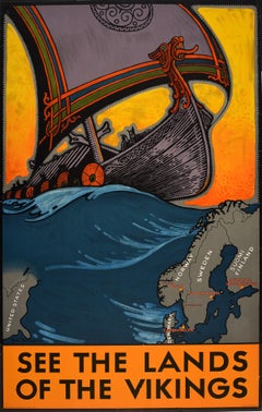 Original Vintage Travel Poster See The Lands Of The Vikings Atlantic Sailing Map