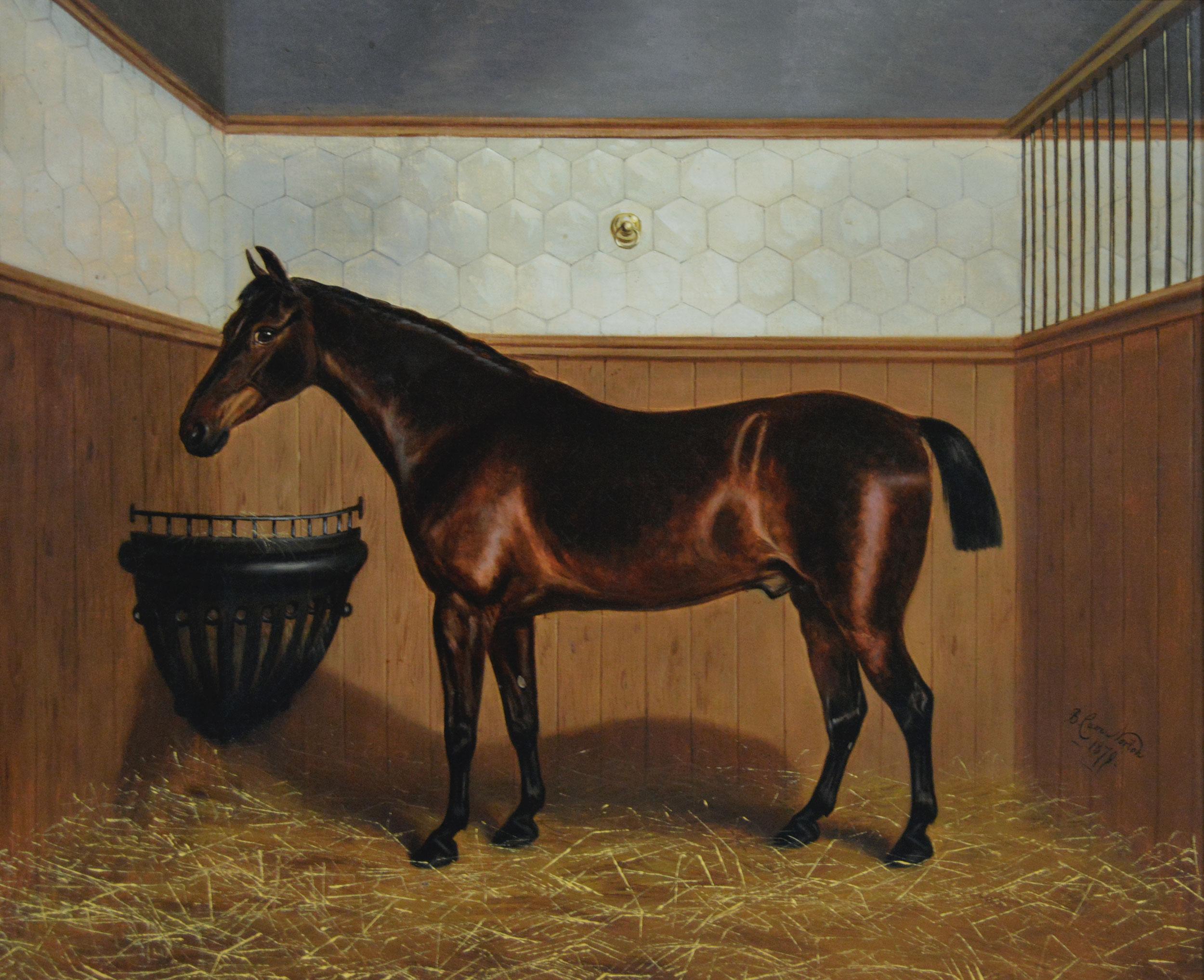 Peinture à l'huile du 19e siècle représentant un cheval bai dans une écurie - Painting de Benjamin Cam Norton