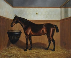 19th Century horse portrait oil painting of a bay horse in a stable