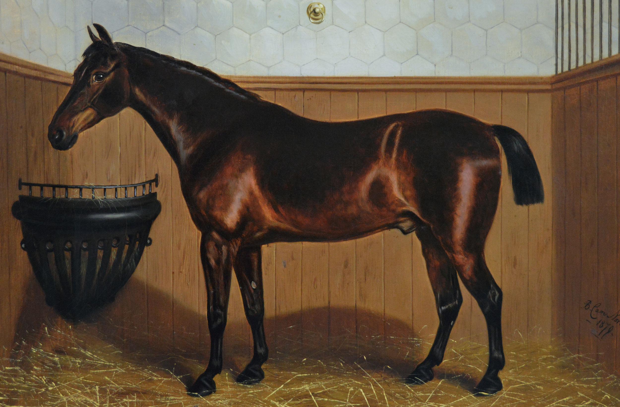 Peinture à l'huile du 19e siècle représentant un cheval bai dans une écurie - Victorien Painting par Benjamin Cam Norton
