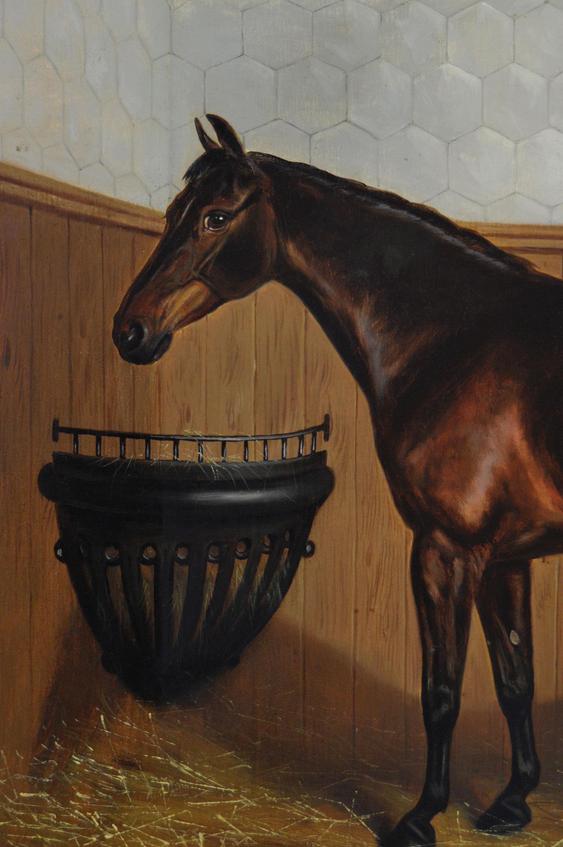 Peinture à l'huile du 19e siècle représentant un cheval bai dans une écurie - Marron Animal Painting par Benjamin Cam Norton