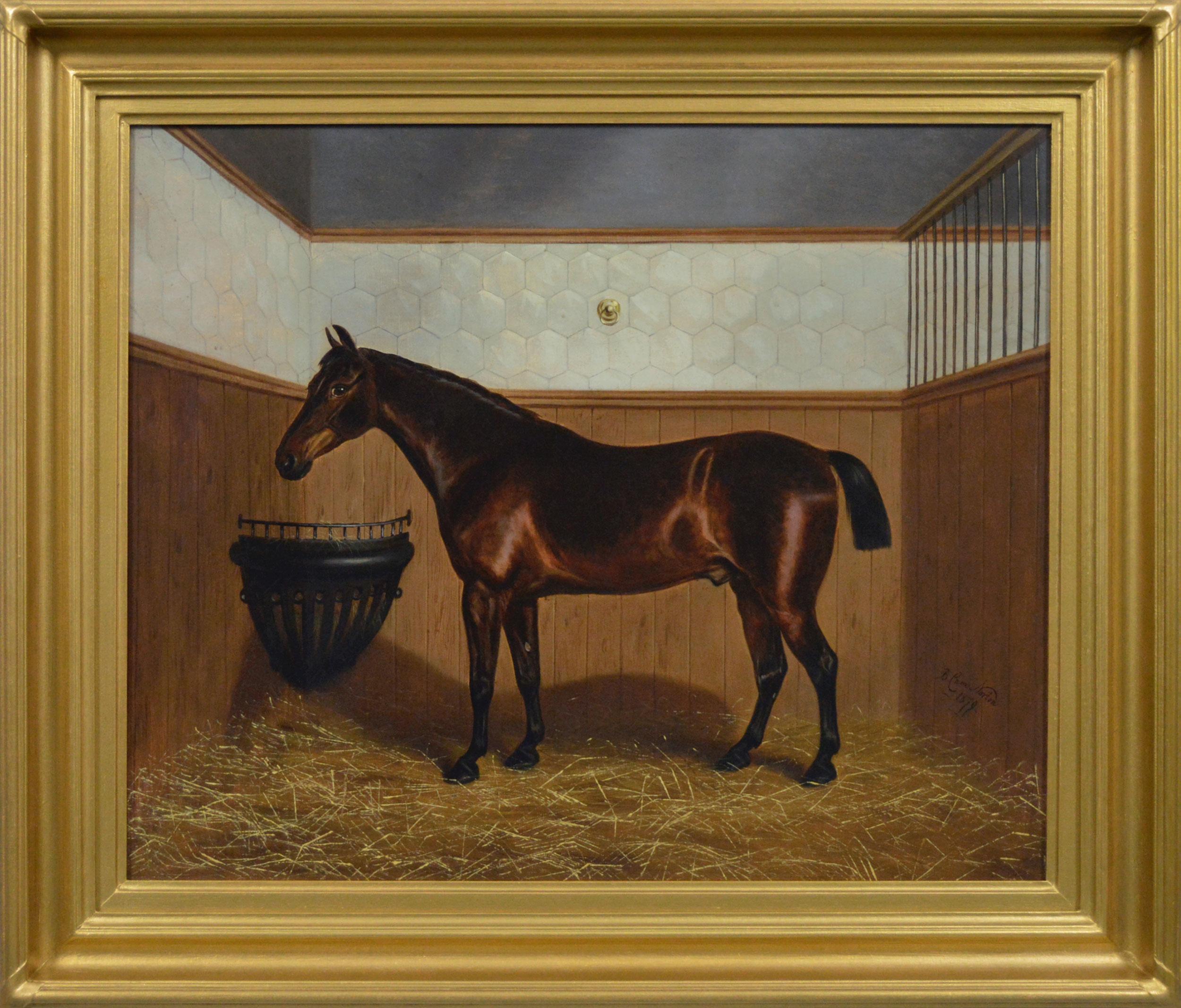 Peinture à l'huile du 19e siècle représentant un cheval bai dans une écurie