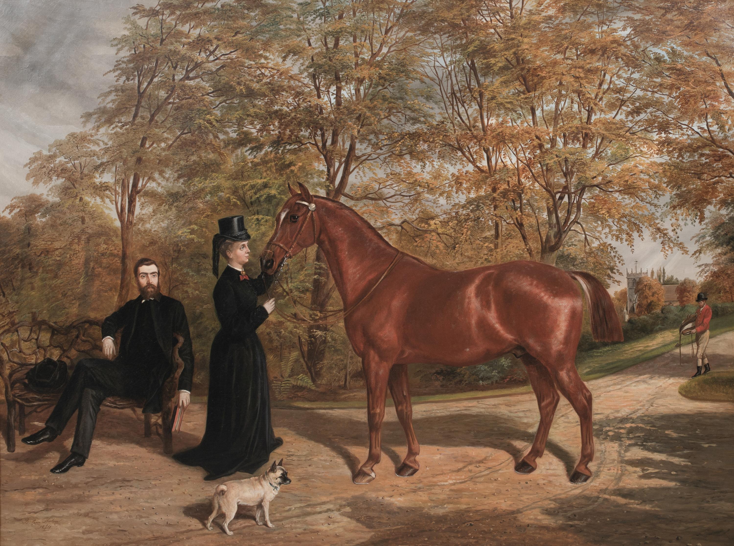 Retrato de Adam y Amy Agnes Dugdale en Griffin Park, Blackburn, Lancashire - Landscape Painting Marrón de Benjamin Cam Norton