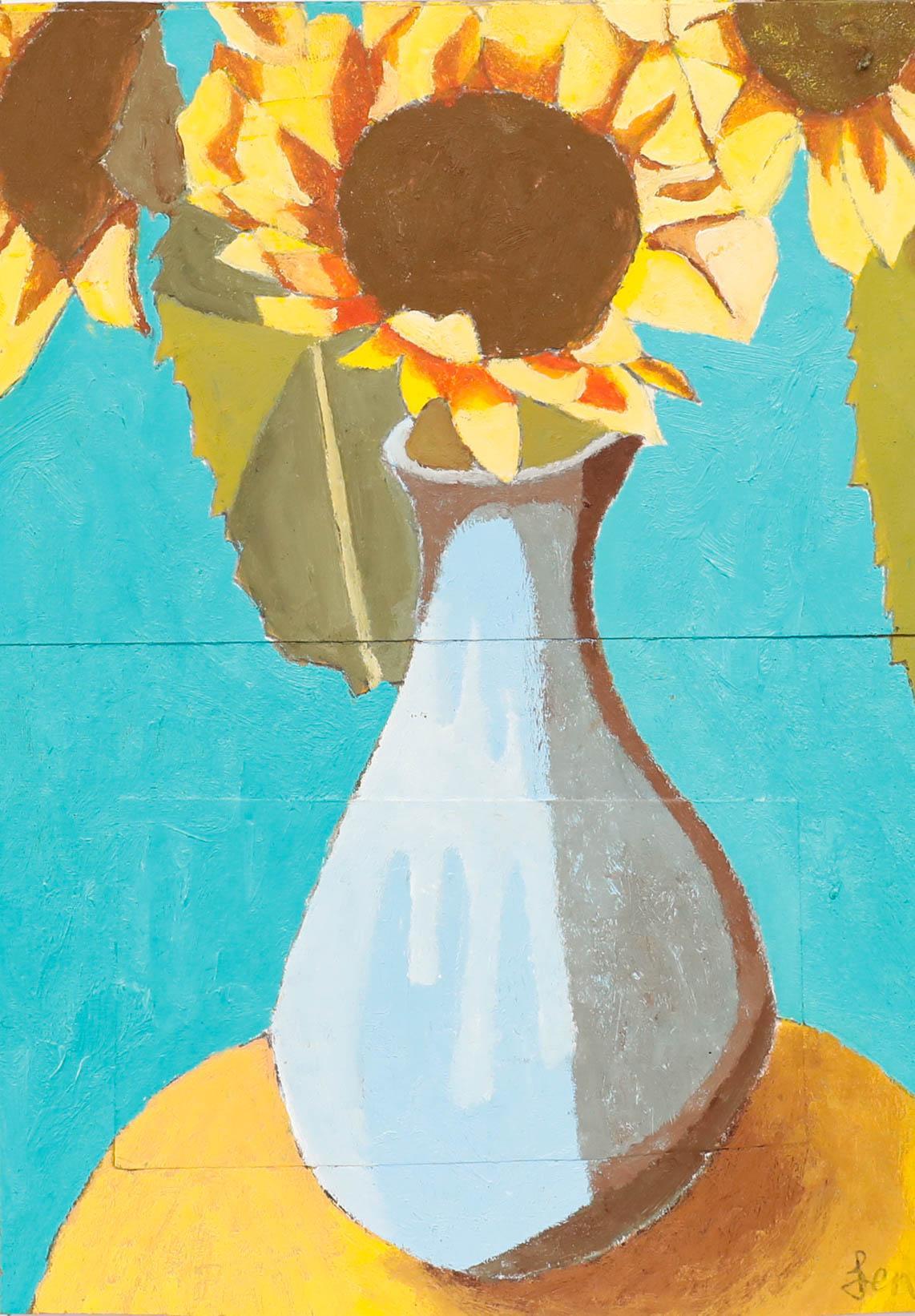 Ben Carrivick - Zeitgenössisches Öl, Sonnenblumen in einer blauen Vase – Painting von Benjamin Carrivick