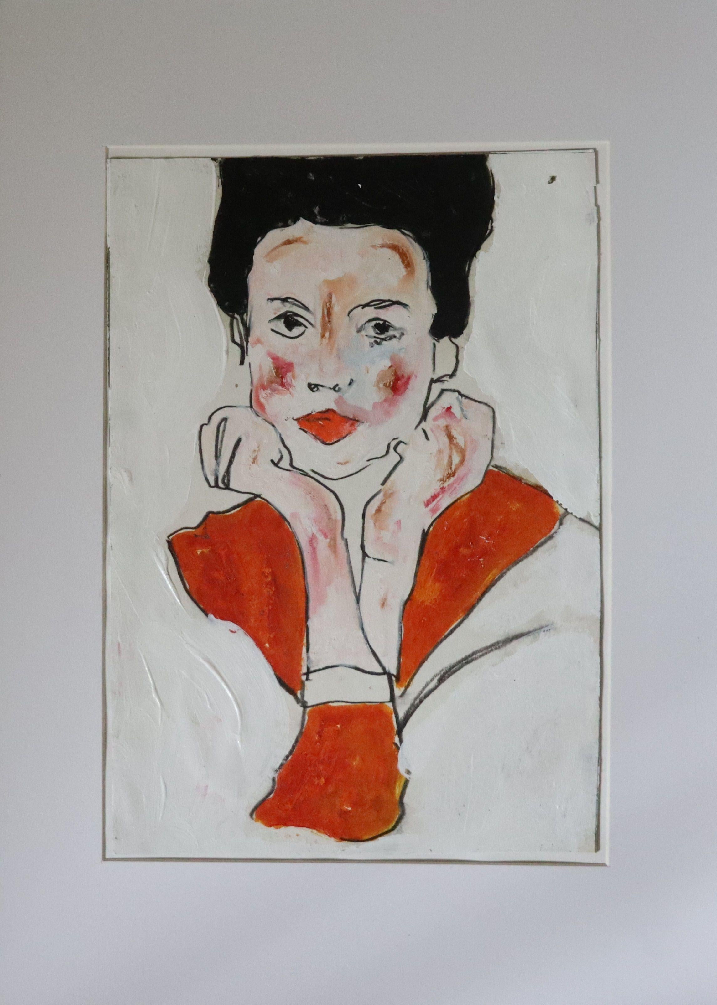 black hair and red, Painting, Oil on Paper For Sale 1