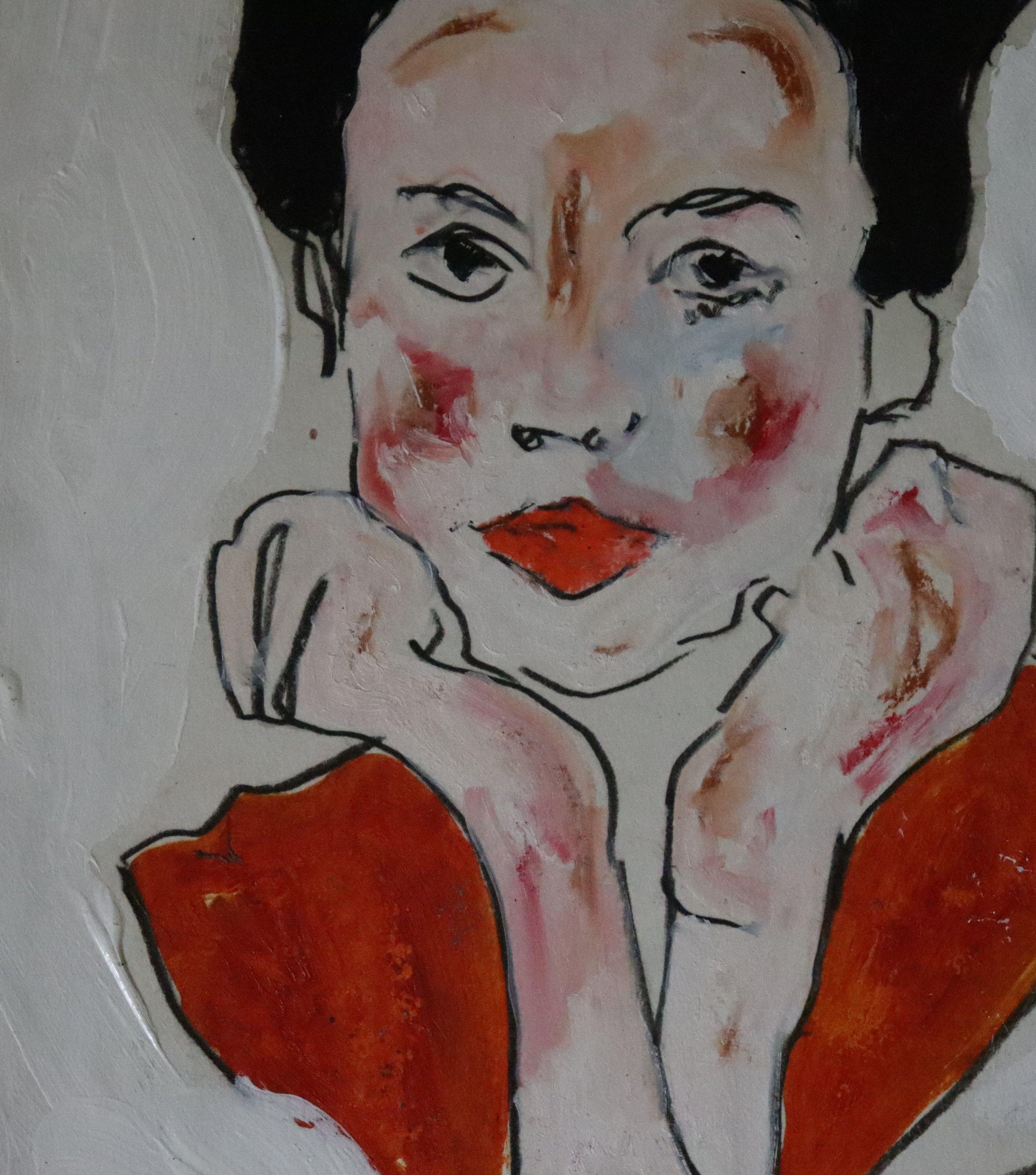 black hair and red, Painting, Oil on Paper For Sale 2