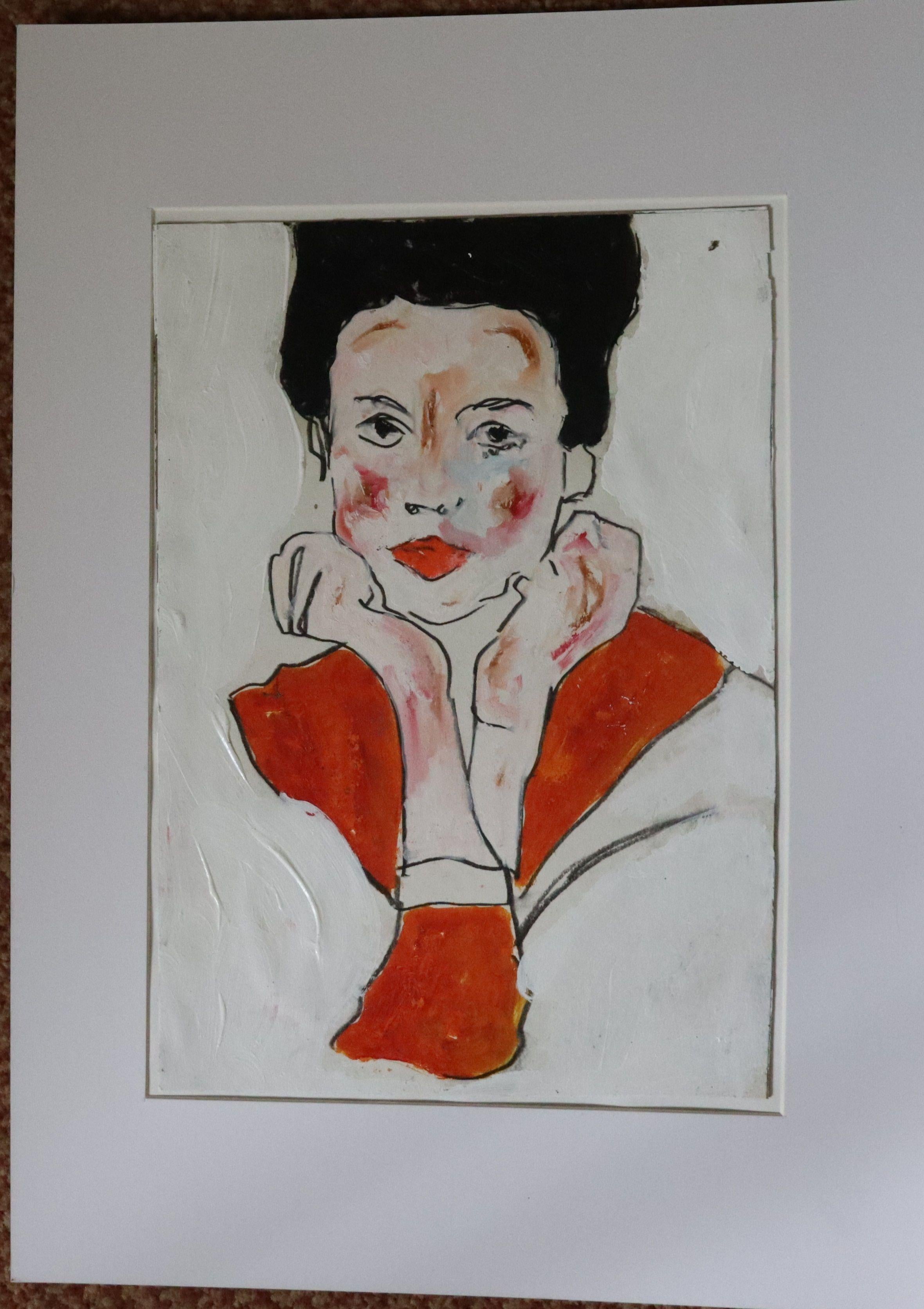 black hair and red, Painting, Oil on Paper For Sale 3