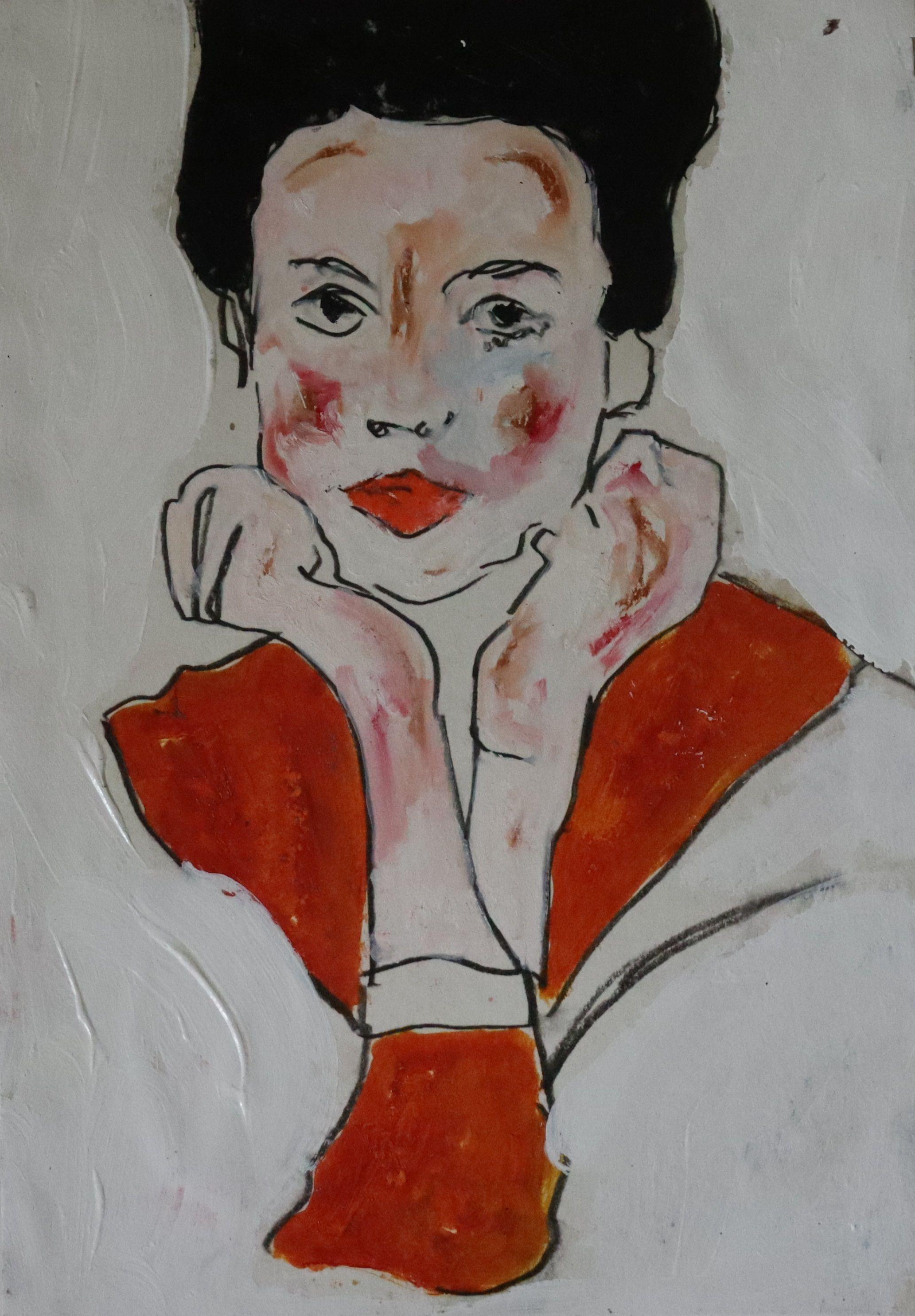 black hair and red, Painting, Oil on Paper