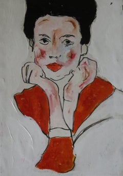 black hair and red, Painting, Oil on Paper