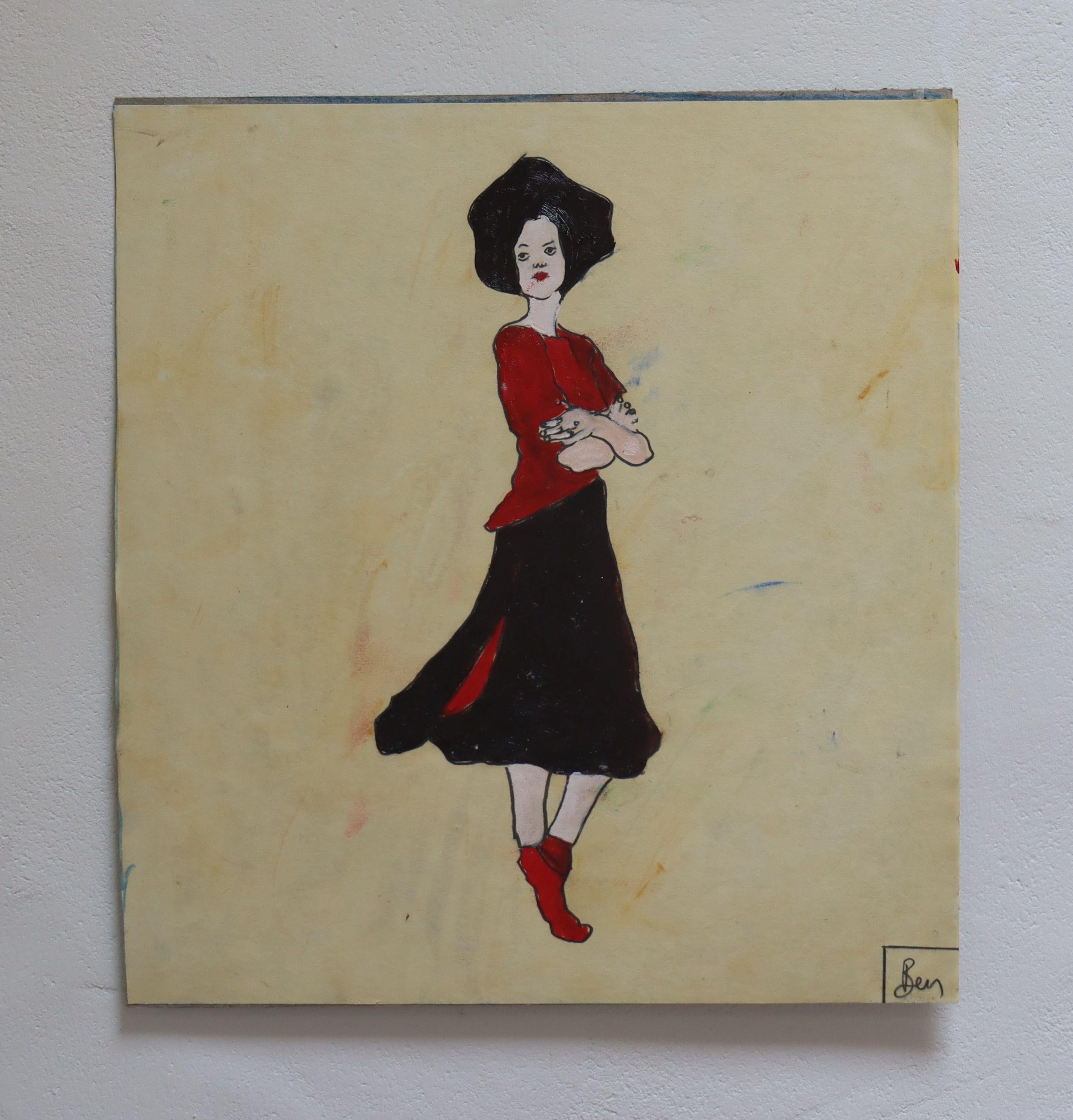 Figura con falda negra :: Pintura :: Impresionista :: Esta obra viene con un certificado oficial de autenticidad firmado por el artista :: Lista para colgar: No :: Firmado: Sí :: Ubicación de la firma: Abajo Derecha :: Papel :: Retrato :: Original