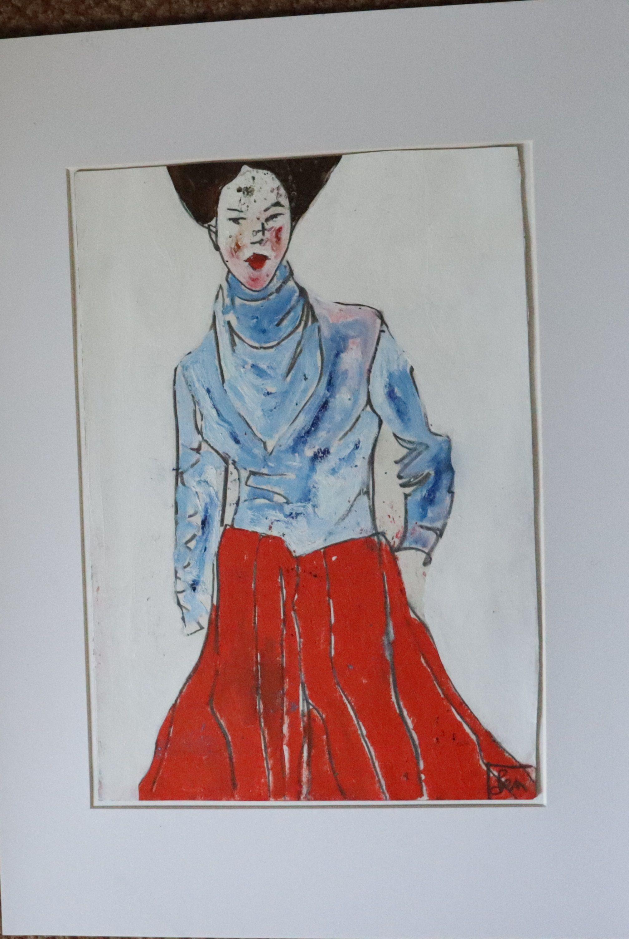 cappotto blu, Pittura, Olio su carta in vendita 1